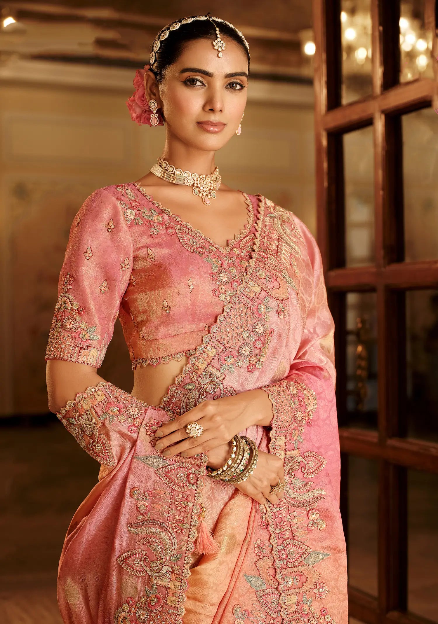 Shaded Pink Jacquard Silk Embroidery & Hand Work Saree - qivii