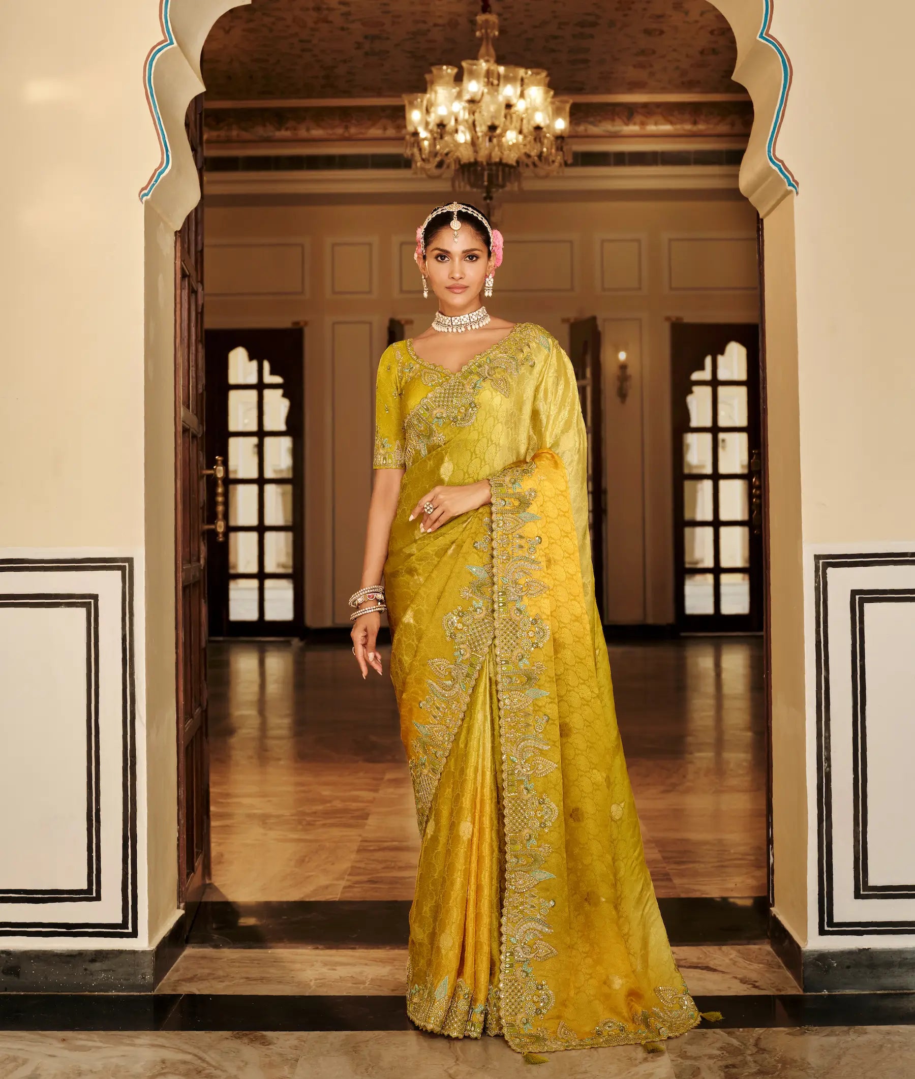 Shaded Yellow Jacquard Silk Embroidery & Hand Work Saree - qivii