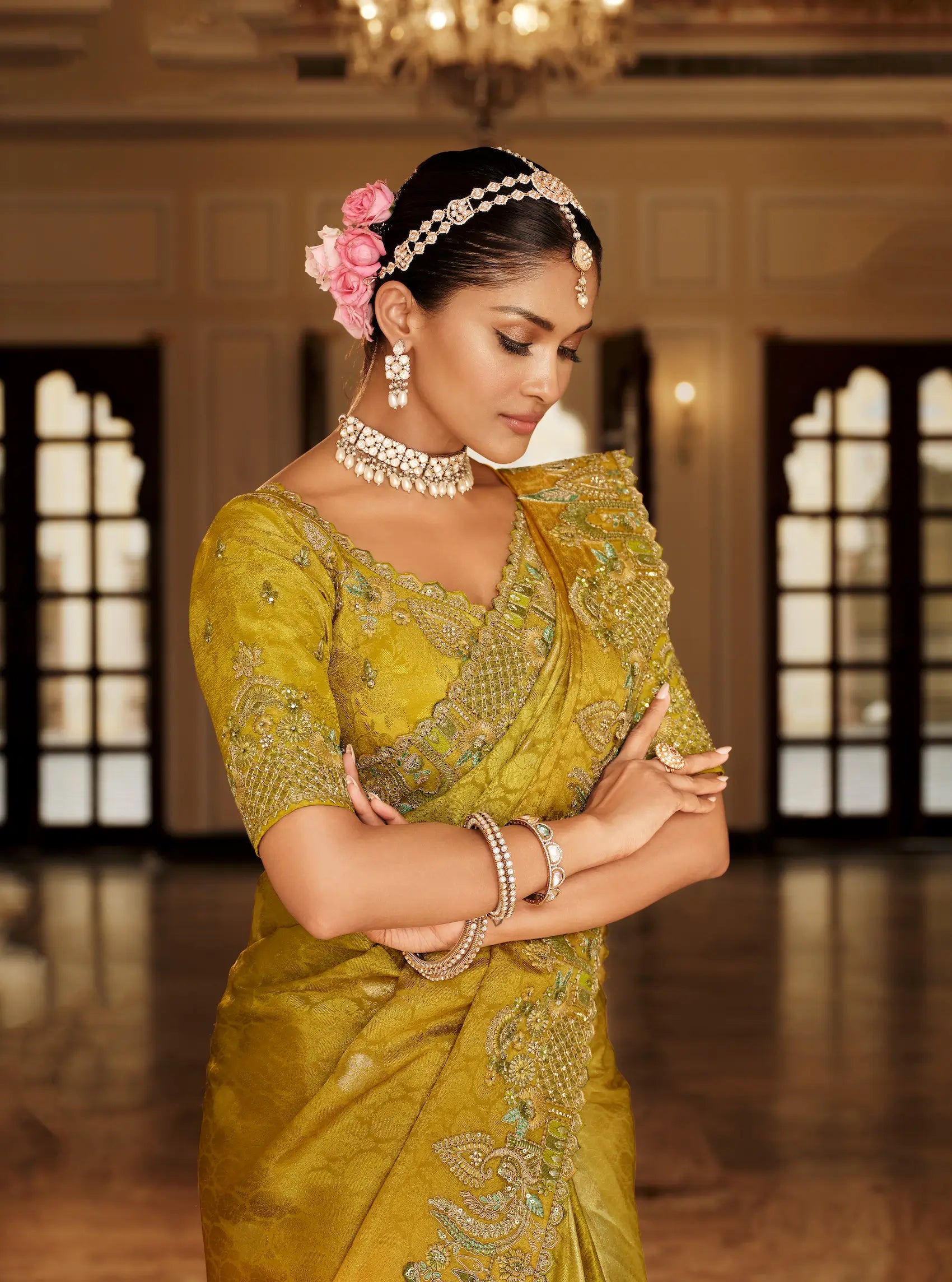 Shaded Yellow Jacquard Silk Embroidery & Hand Work Saree - qivii