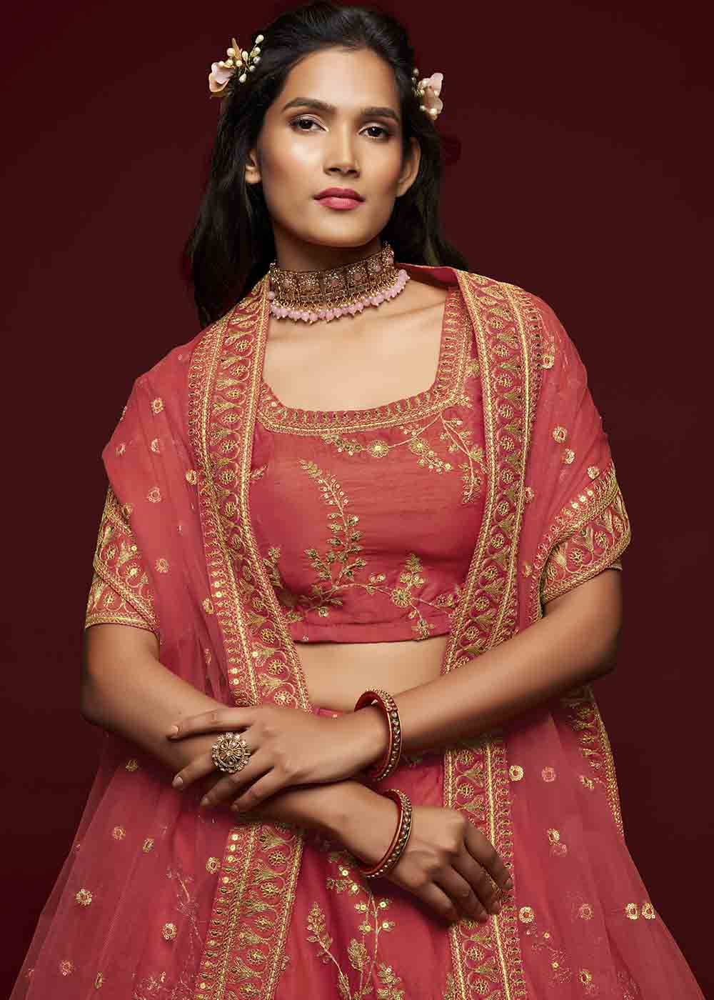 Gajri Pink Silk Lehenga Choli with Thread,Zari,Dori & Sequins work | Ready To Wear - qivii