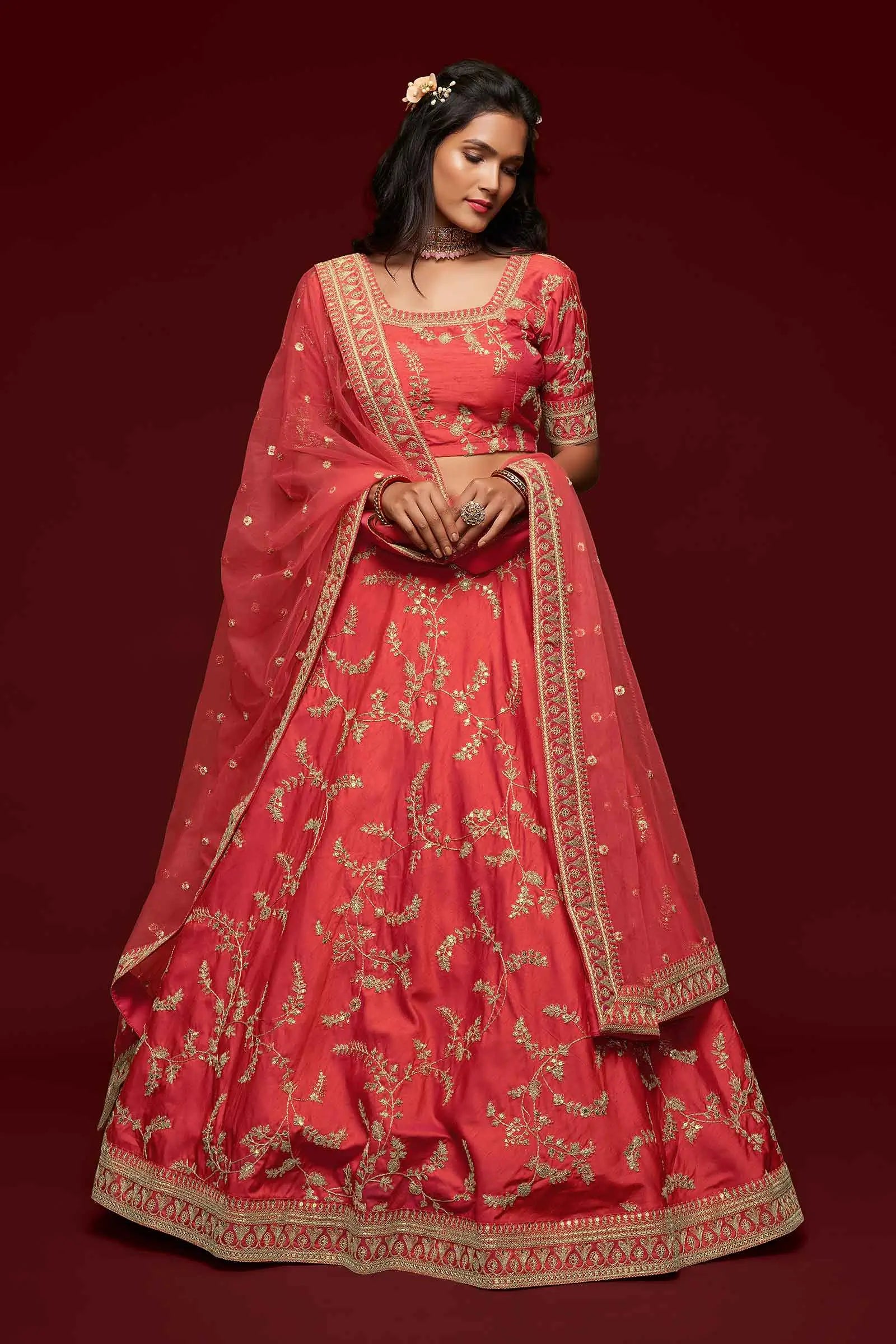 Bean Red Silk Lehenga Choli With Thread Zari Dori And Sequins Embroidery Work | Ready To Wear - qivii