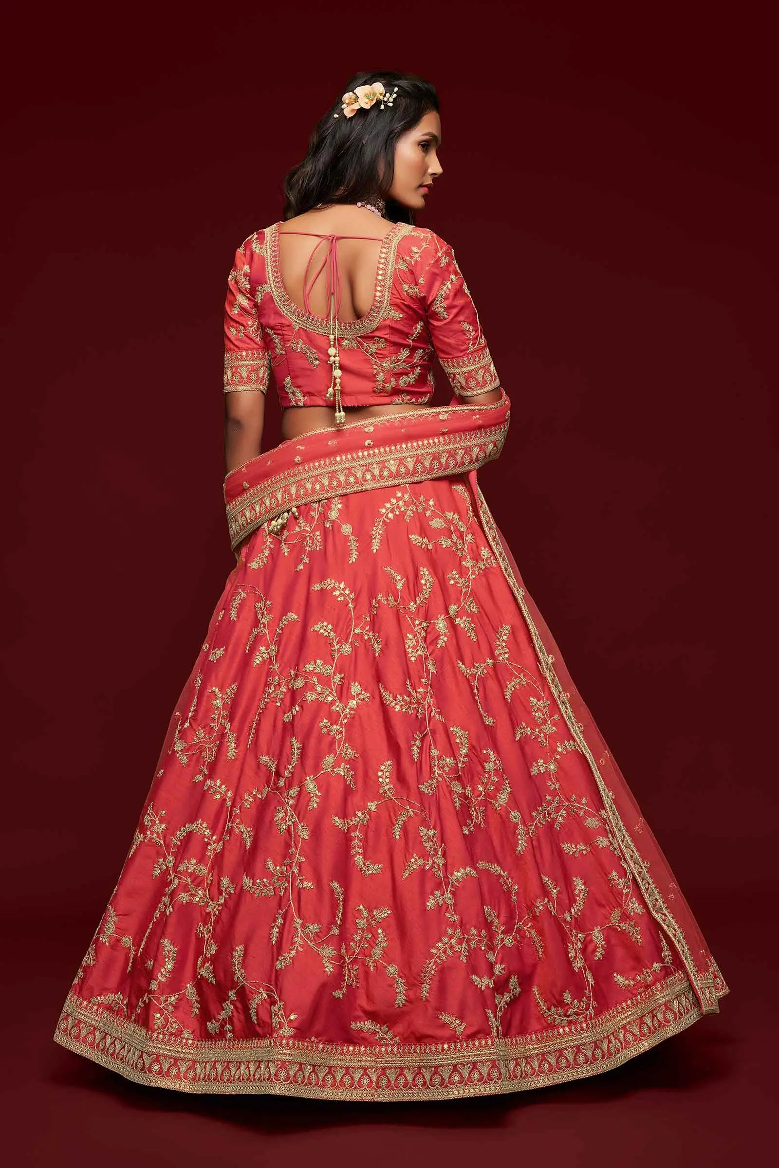 Bean Red Silk Lehenga Choli With Thread Zari Dori And Sequins Embroidery Work | Ready To Wear - qivii