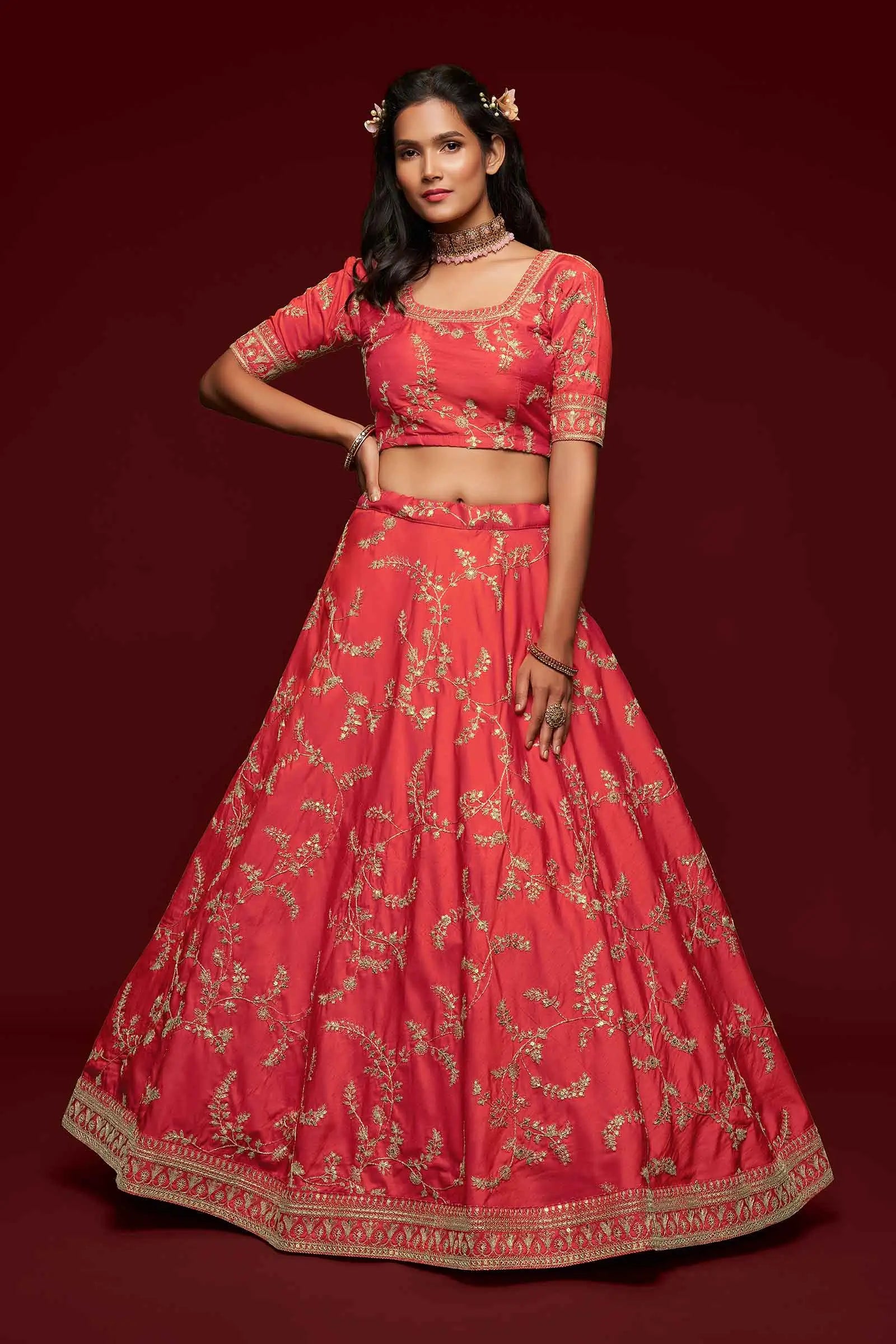 Bean Red Silk Lehenga Choli With Thread Zari Dori And Sequins Embroidery Work | Ready To Wear - qivii