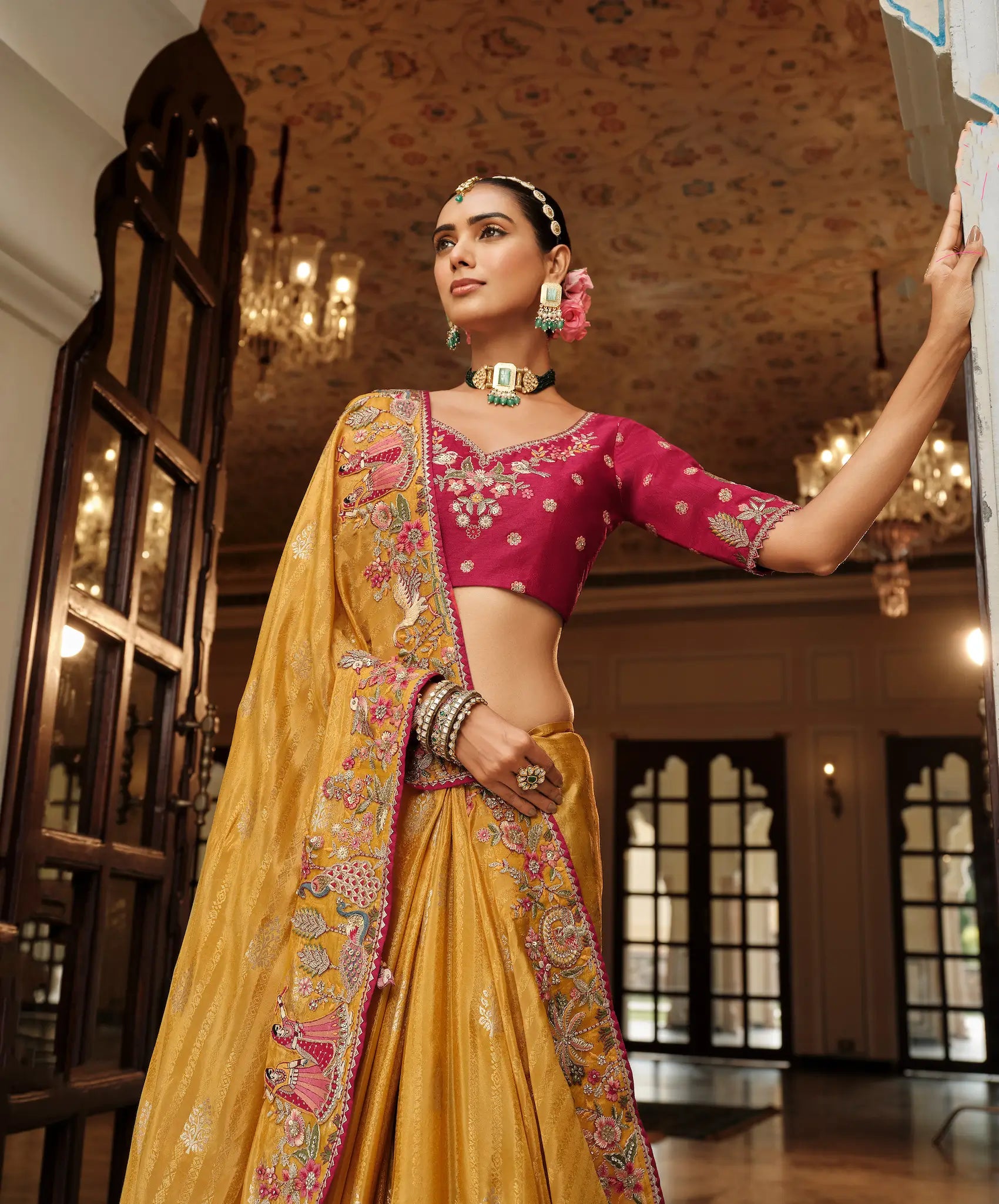 Golden Yellow Jacquard Silk Embroidery & Hand Work Saree - qivii