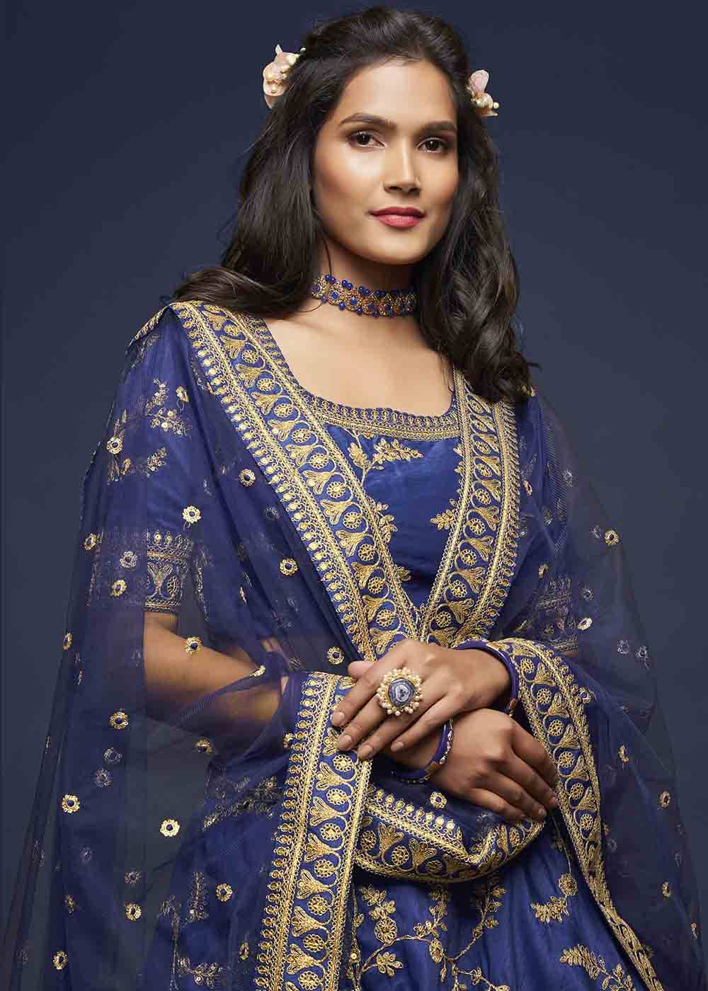 Admiral Blue Silk Lehenga Choli with Thread,Zari,Dori & Sequins work | Ready To Wear - qivii