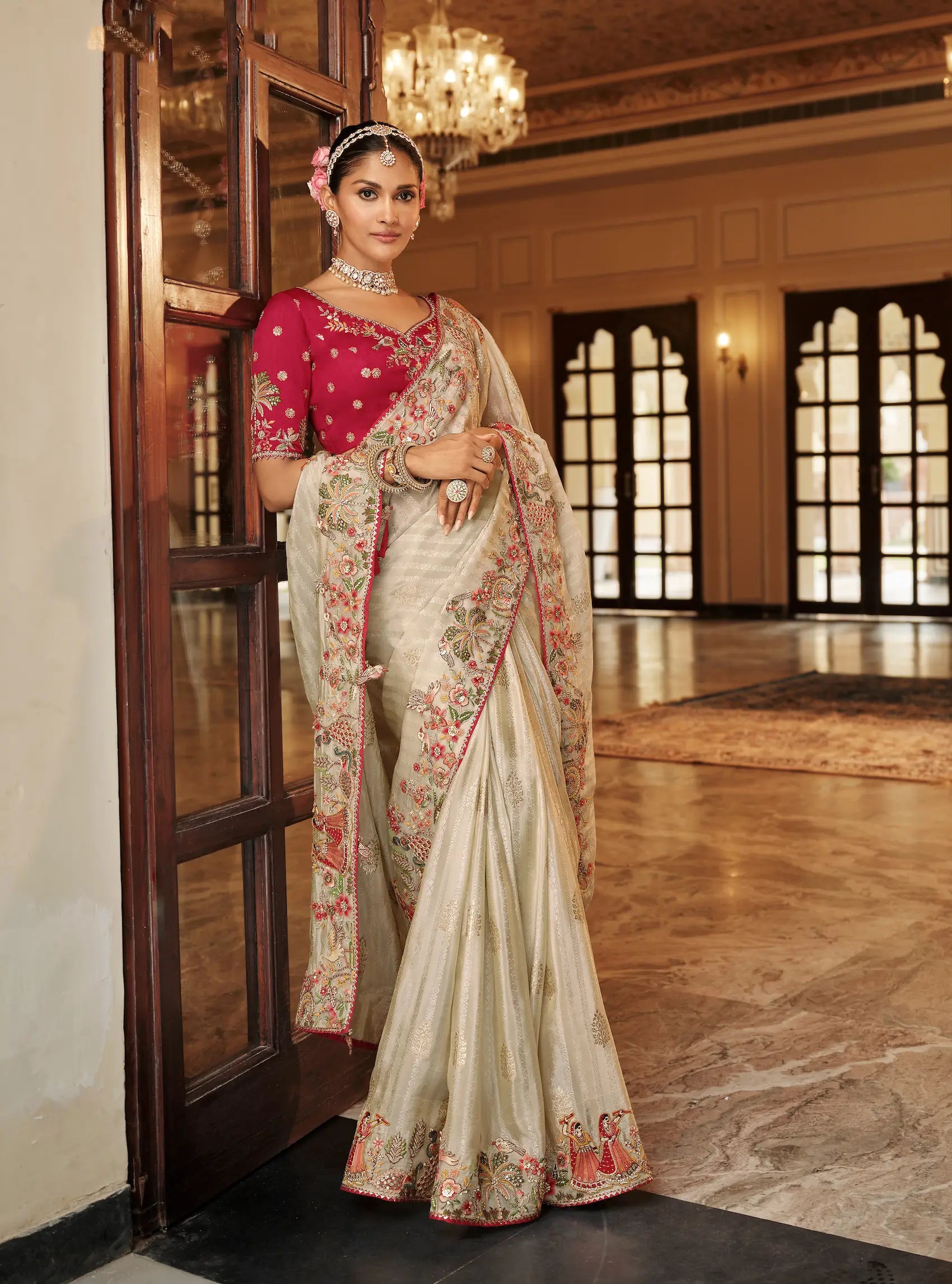 Off White Jacquard Silk Embroidery & Hand Work Saree - qivii