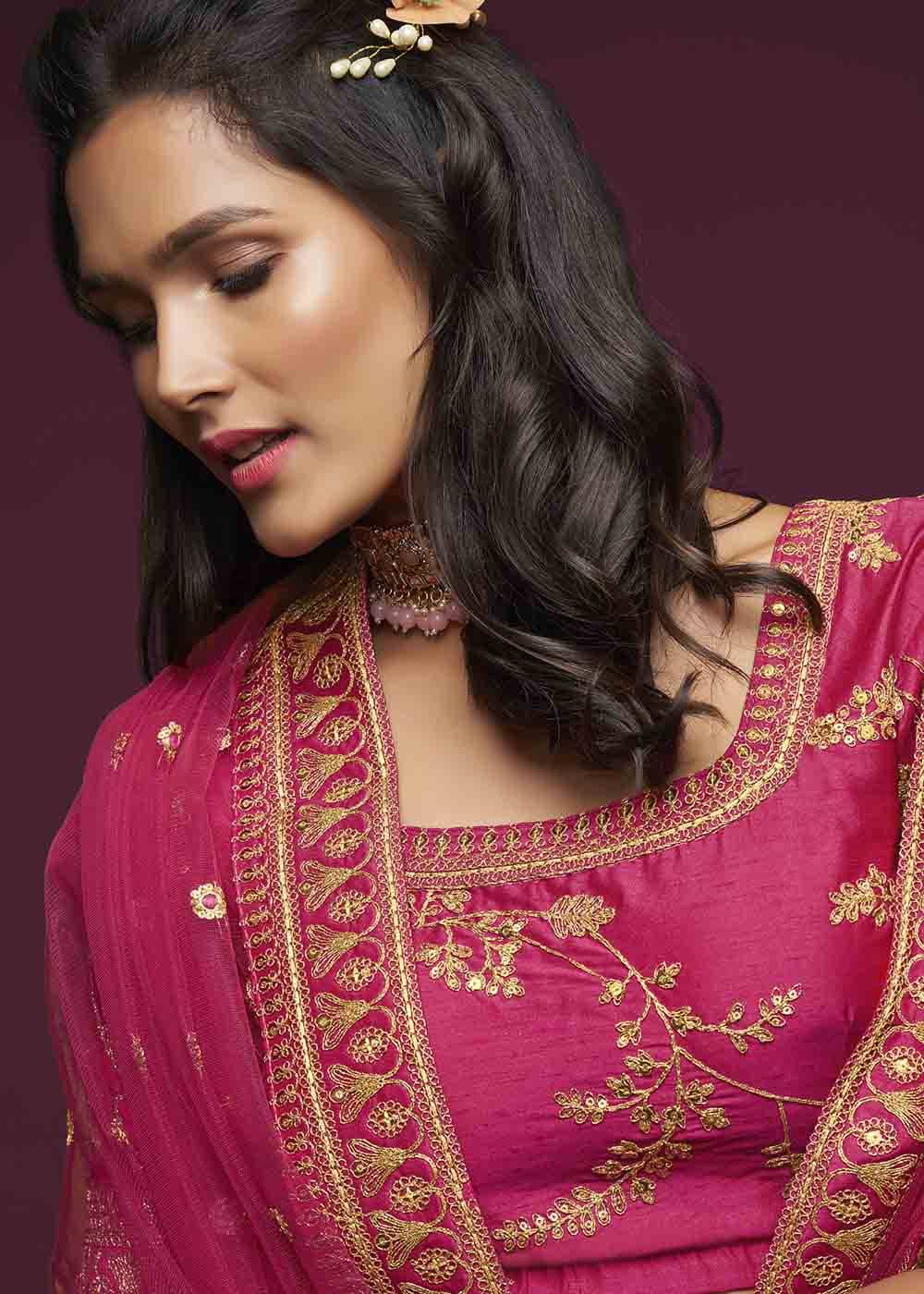 Cerise Pink Silk Lehenga Choli with Thread,Zari,Dori & Sequins work | Ready To Wear - qivii