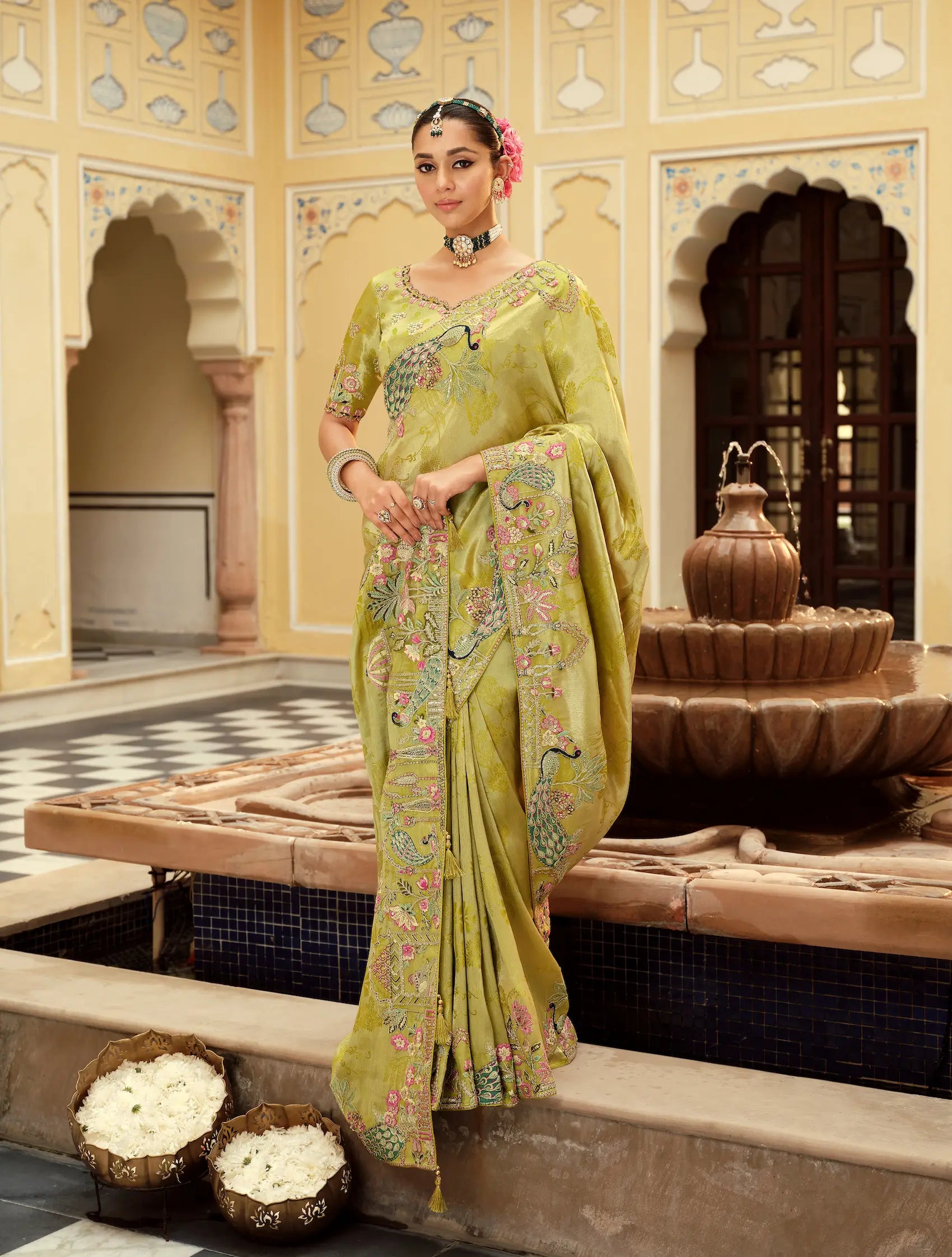 Parrot Green Jacquard Silk Embroidery & Hand Work Saree - qivii