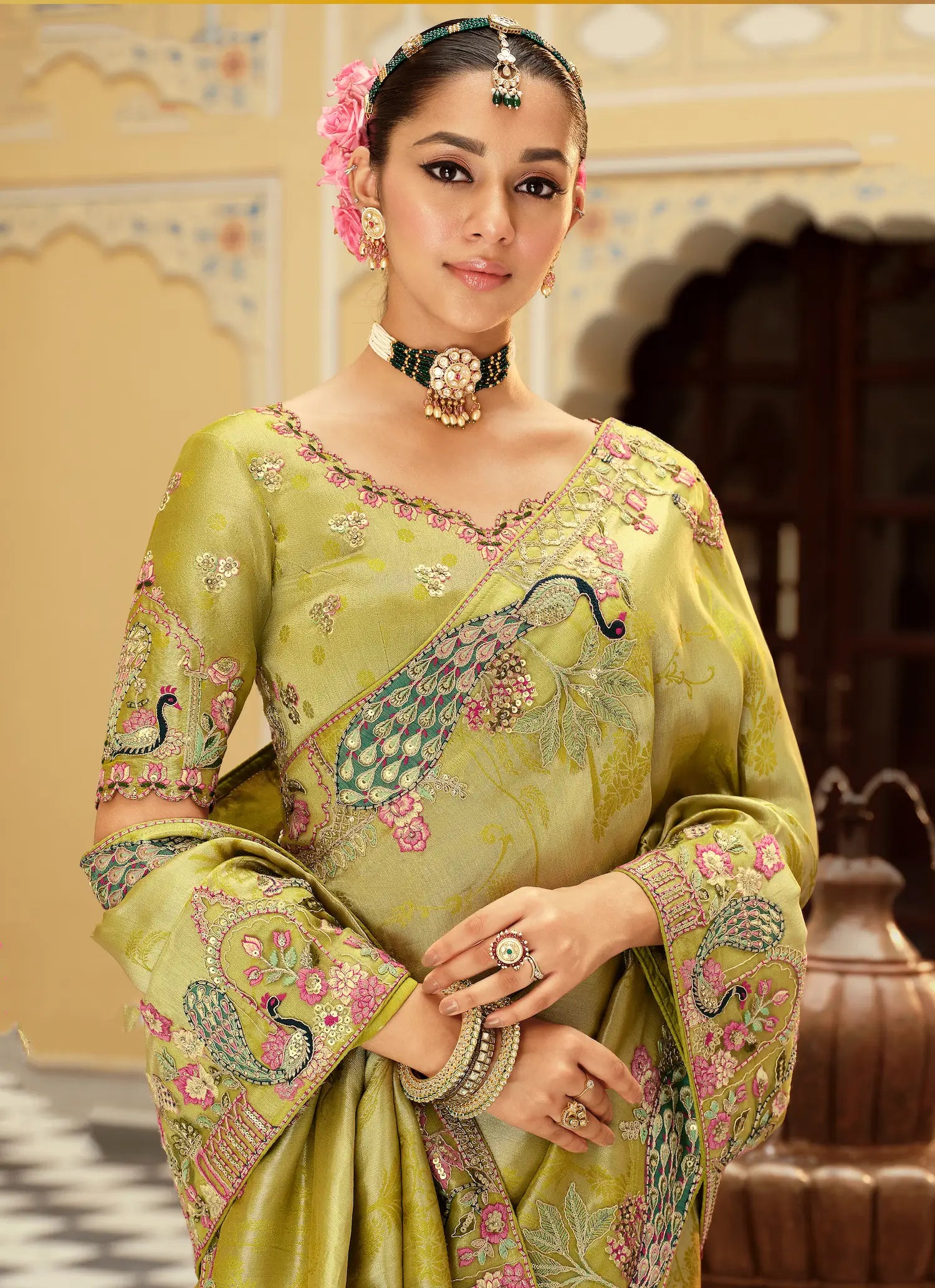 Parrot Green Jacquard Silk Embroidery & Hand Work Saree - qivii
