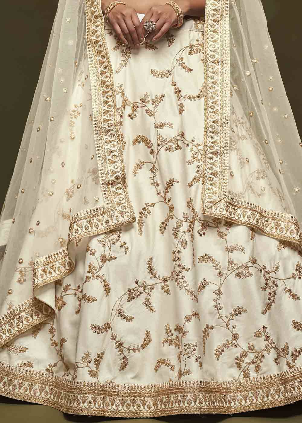Pearl White Silk Lehenga Choli with Thread,Zari,Dori & Sequins work | Ready To Wear - qivii