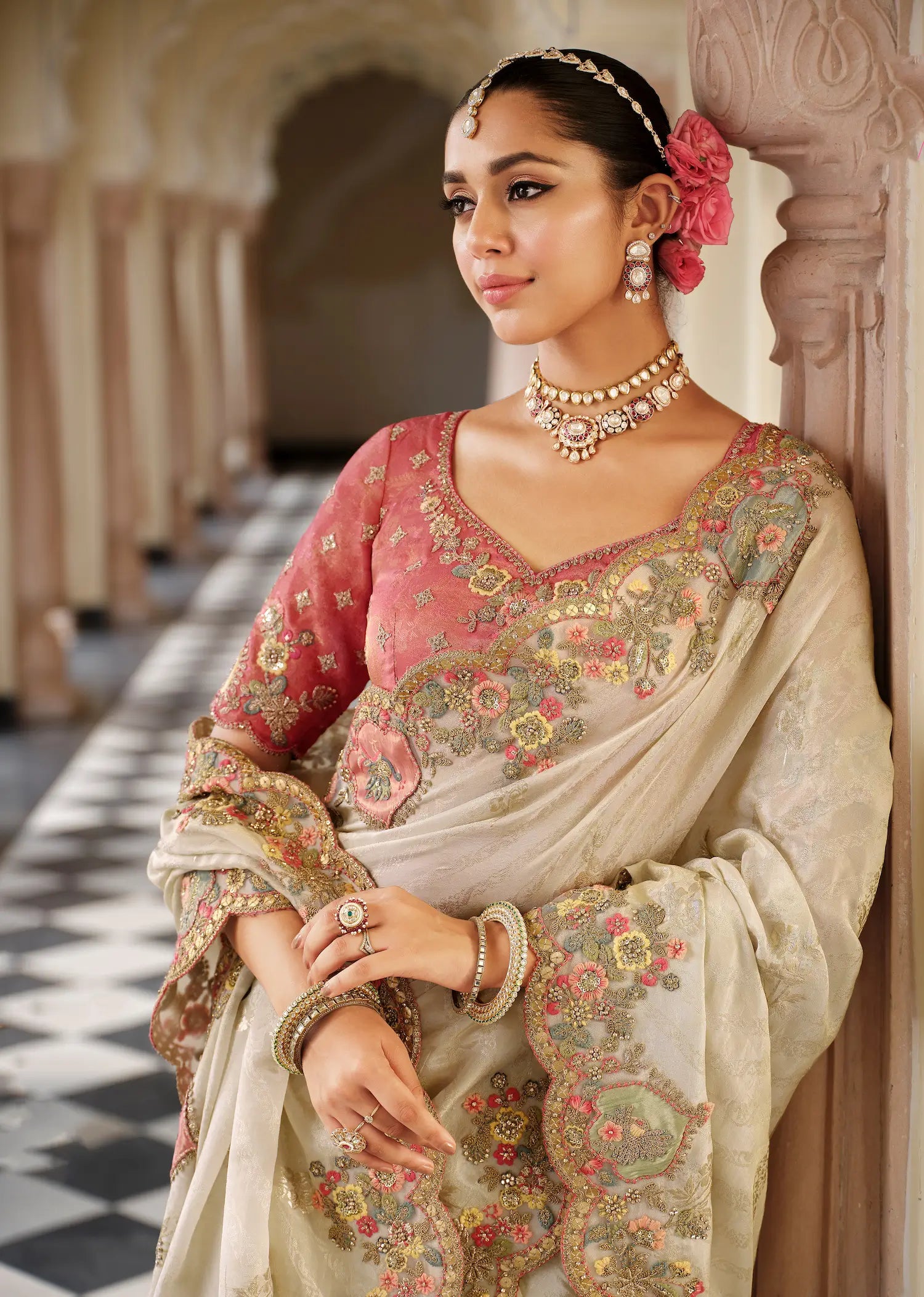 Vanilla White Jacquard Silk Embroidery & Hand Work Saree - qivii