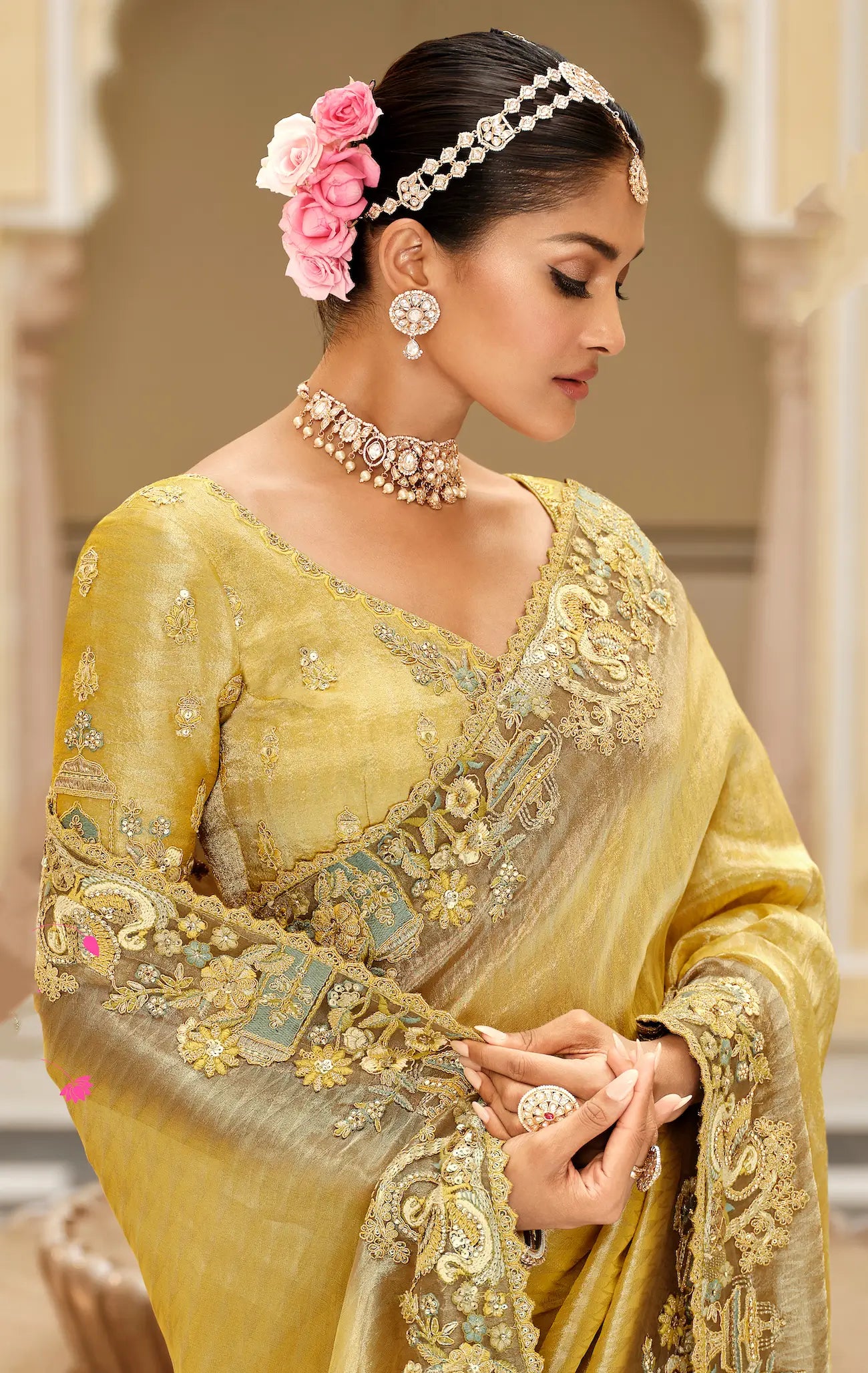Ginger Yellow Jacquard Silk Embroidery & Hand Work Saree - qivii