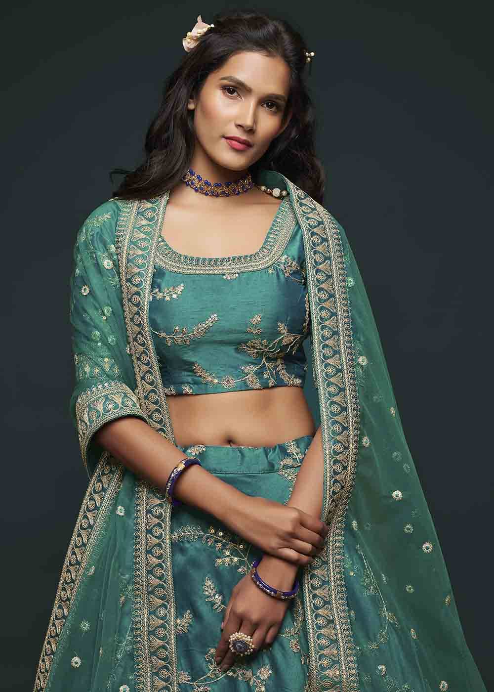 Teal Green Silk Lehenga Choli with Thread,Zari,Dori & Sequins work | Ready To Wear - qivii
