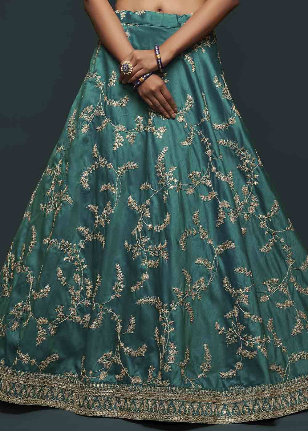 Teal Green Silk Lehenga Choli with Thread,Zari,Dori & Sequins work | Ready To Wear - qivii