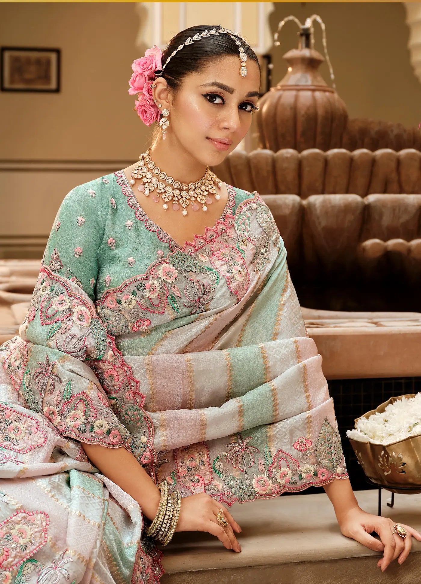 Multicolor Jacquard Silk Embroidery & Hand Work Saree - qivii