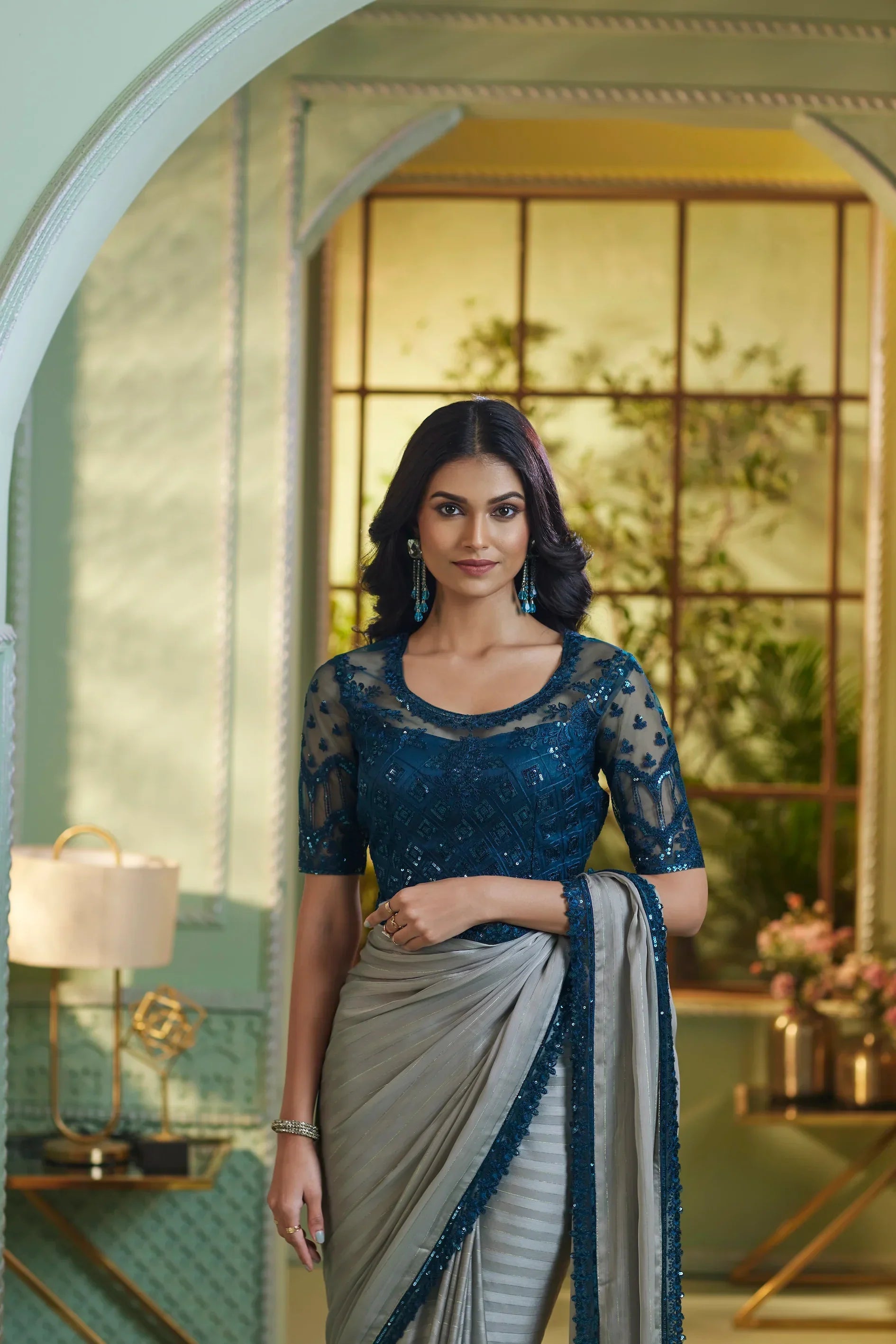 Grey Georgette Silk Party Wear Saree With Sequence & Thread Embroidery Work - qivii