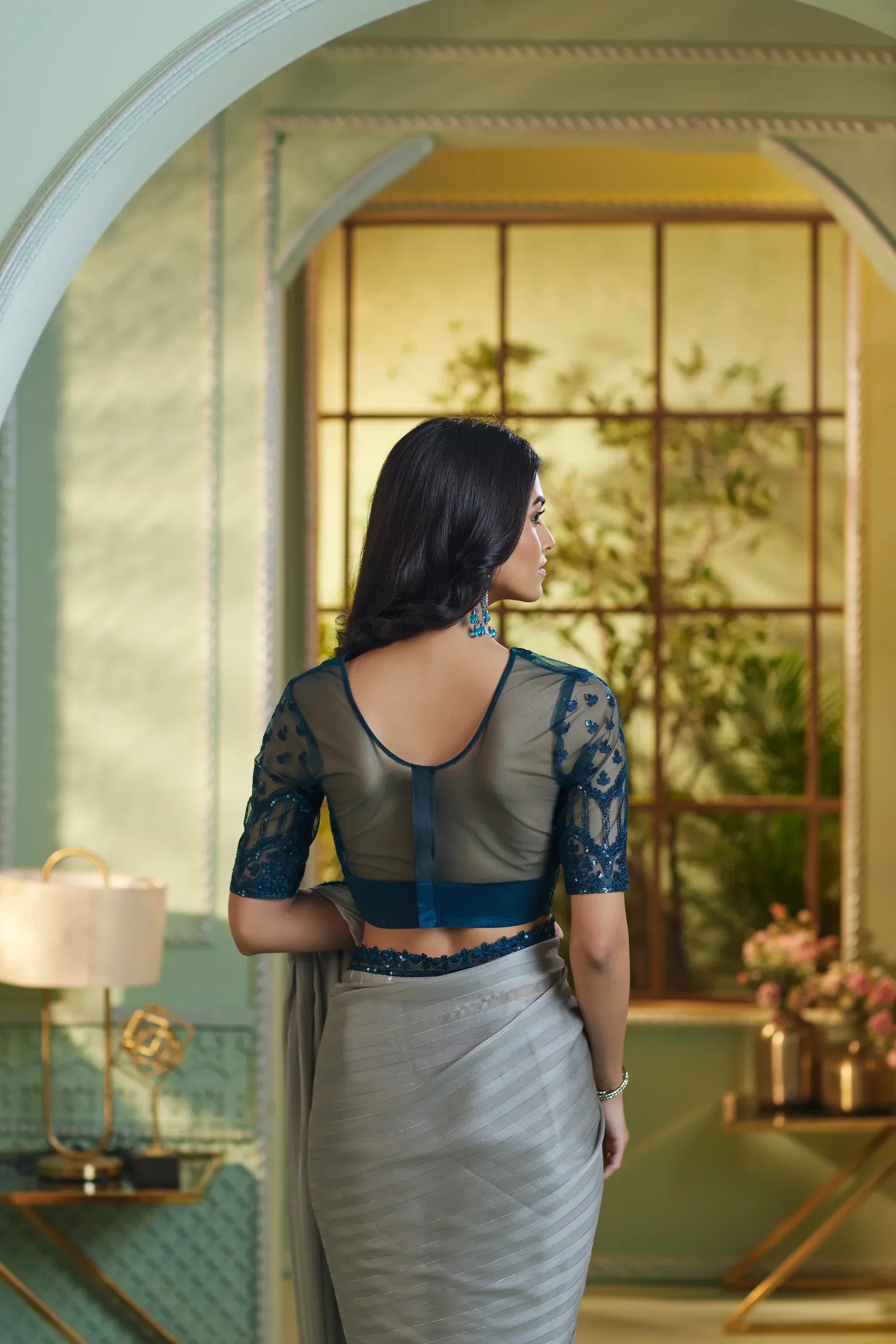 Grey Georgette Silk Party Wear Saree With Sequence & Thread Embroidery Work - qivii