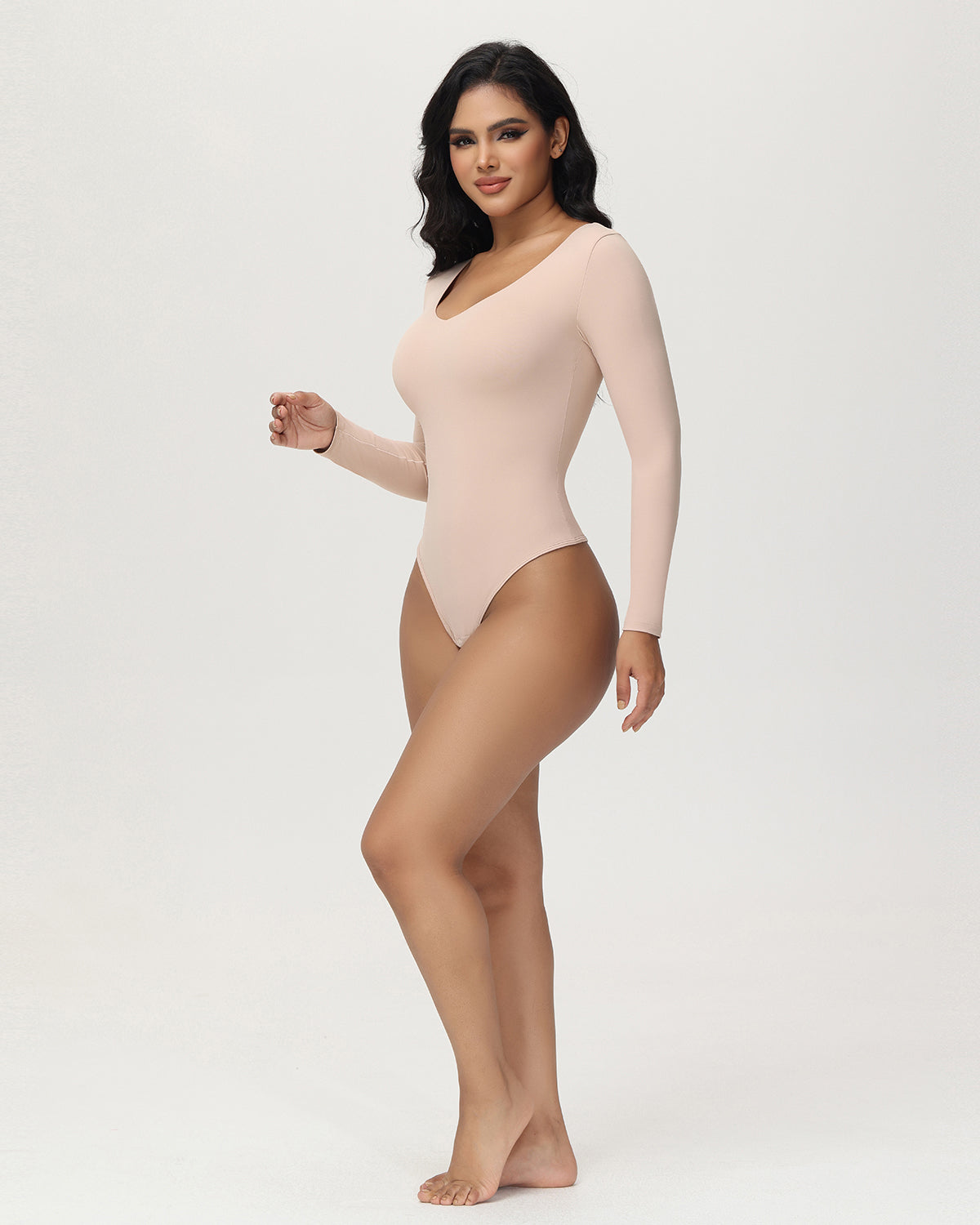 Shapshe® Women's Long Sleeve V Neck Seamless Bodysuits Tummy Control Thong Shapewear  - By Qivii