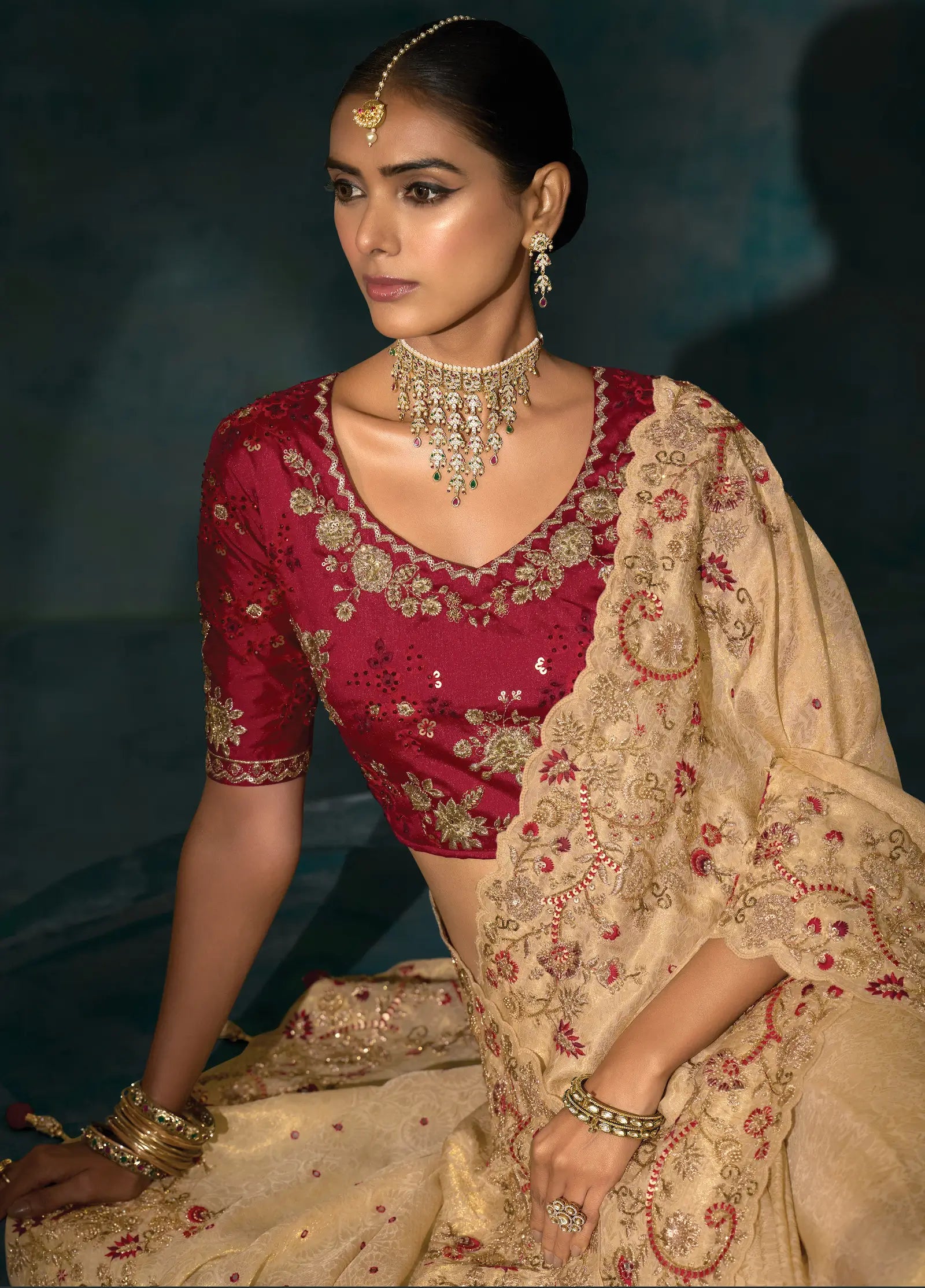 Dark Beige Heavy Embroidery & Hand Work Silk Saree - qivii