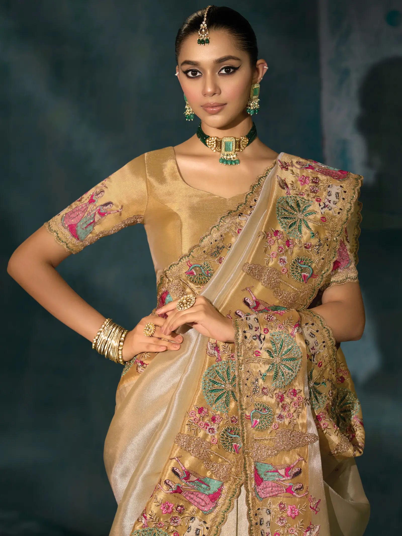 Shiney Beige Heavy Embroidery & Hand Work Silk Saree - qivii