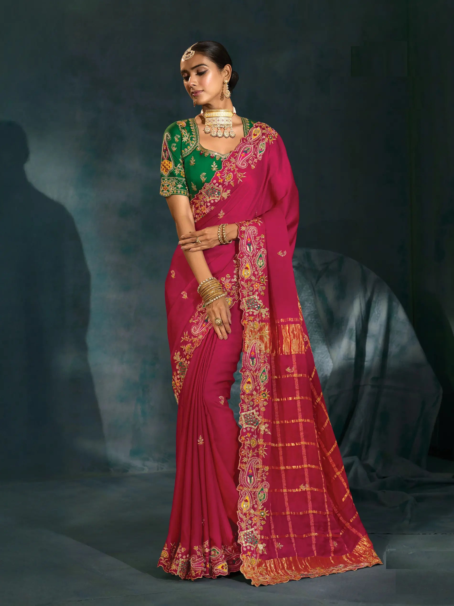 Rani Pink Heavy Embroidery & Hand Work Silk Saree - qivii