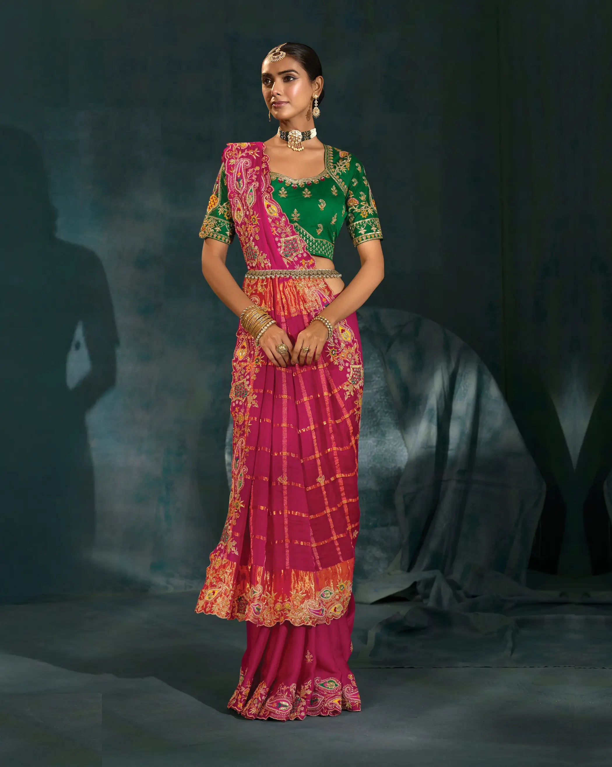 Rani Pink Heavy Embroidery & Hand Work Silk Saree - qivii