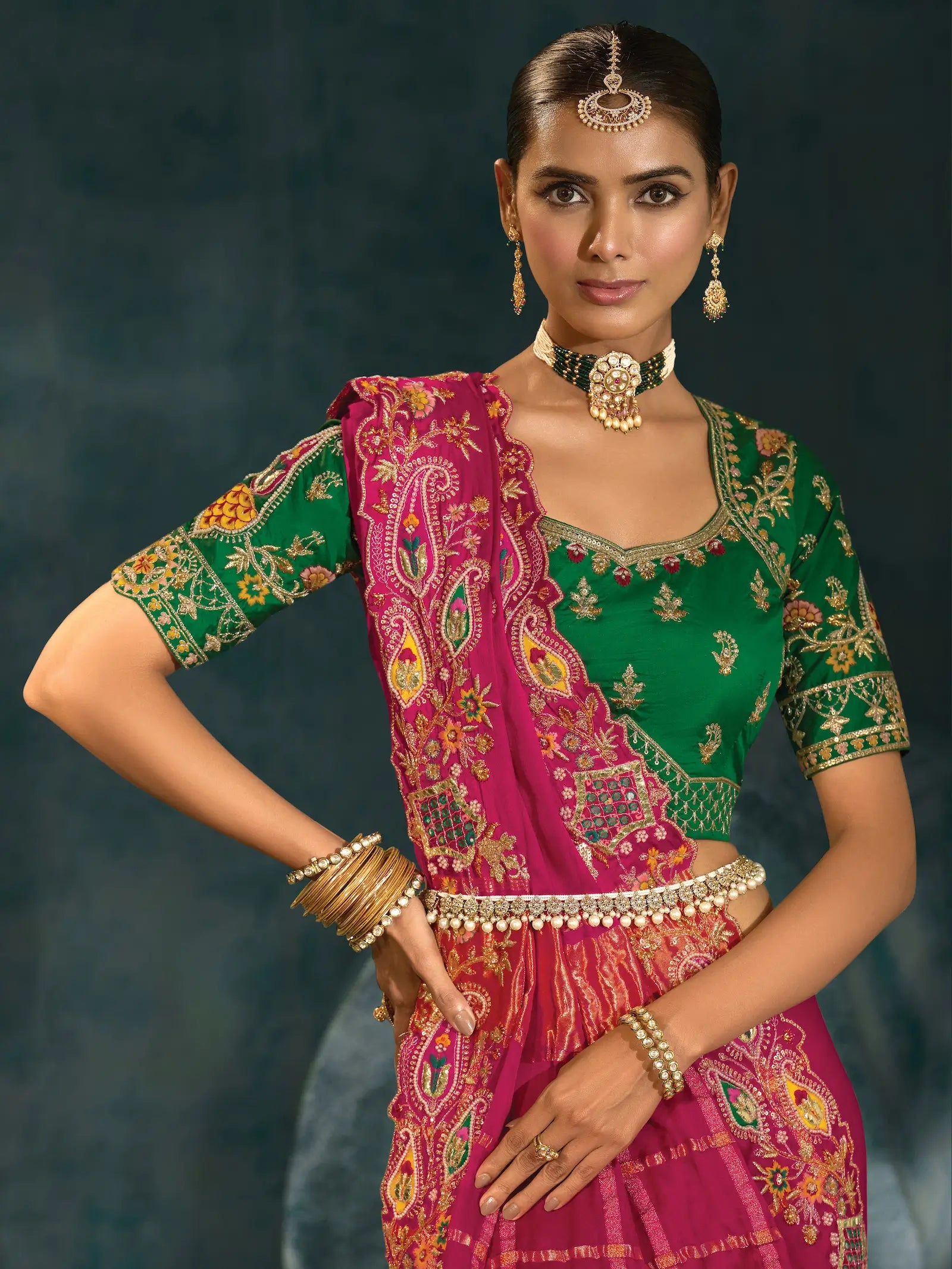Rani Pink Heavy Embroidery & Hand Work Silk Saree - qivii