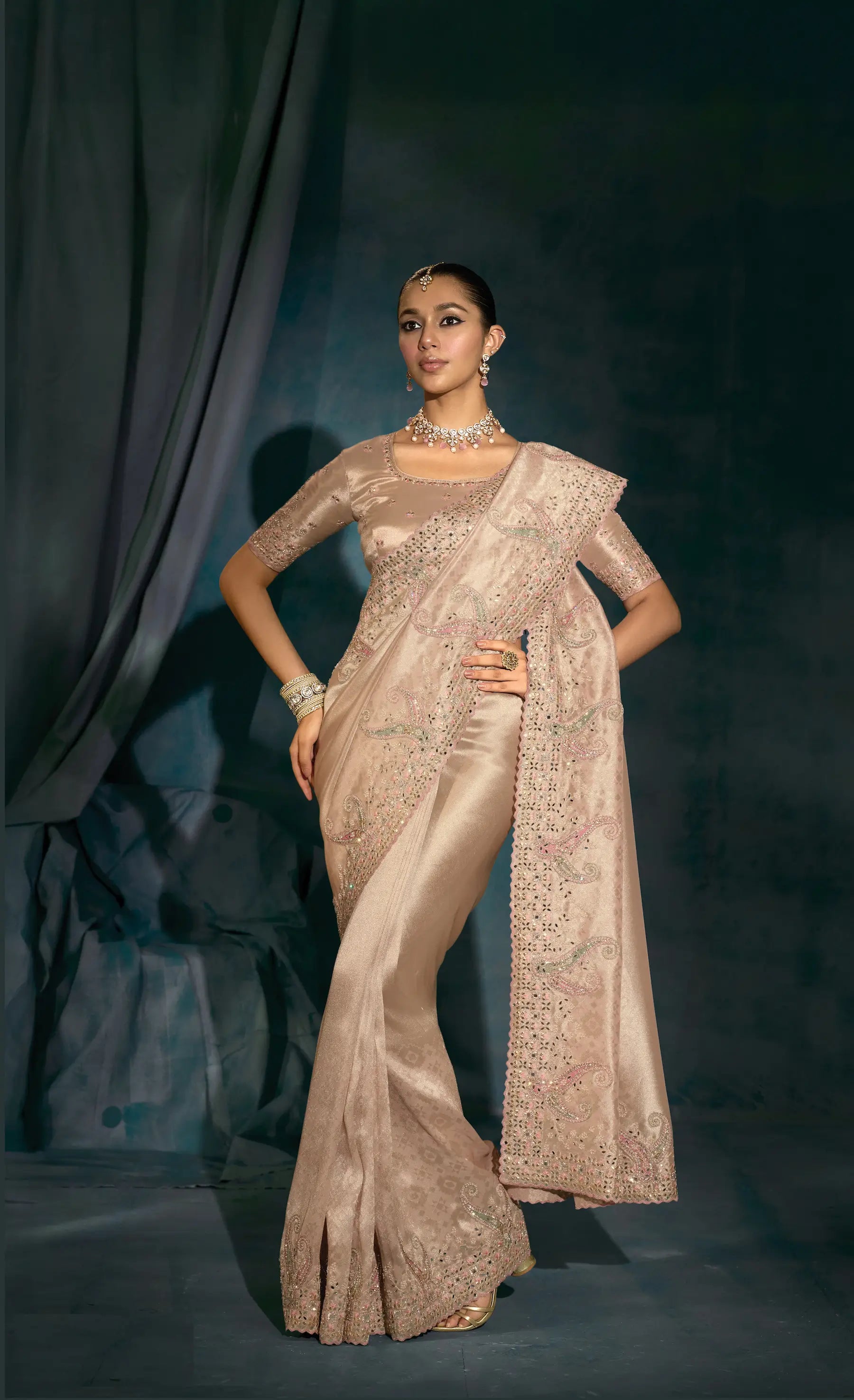 Powder Pink Heavy Embroidery & Hand Work Silk Saree - qivii