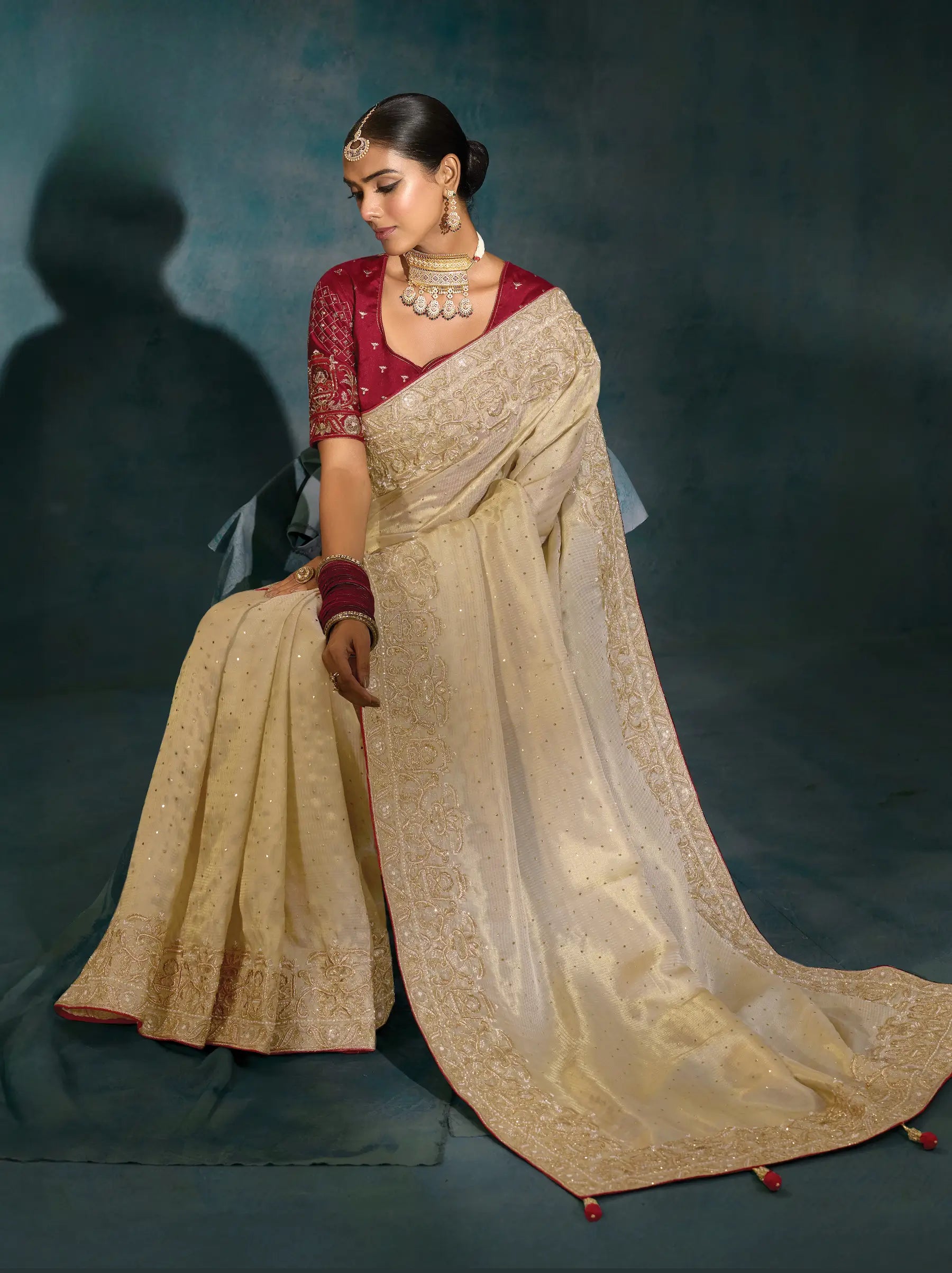 Beige Heavy Embroidery & Hand Work Silk Saree - qivii
