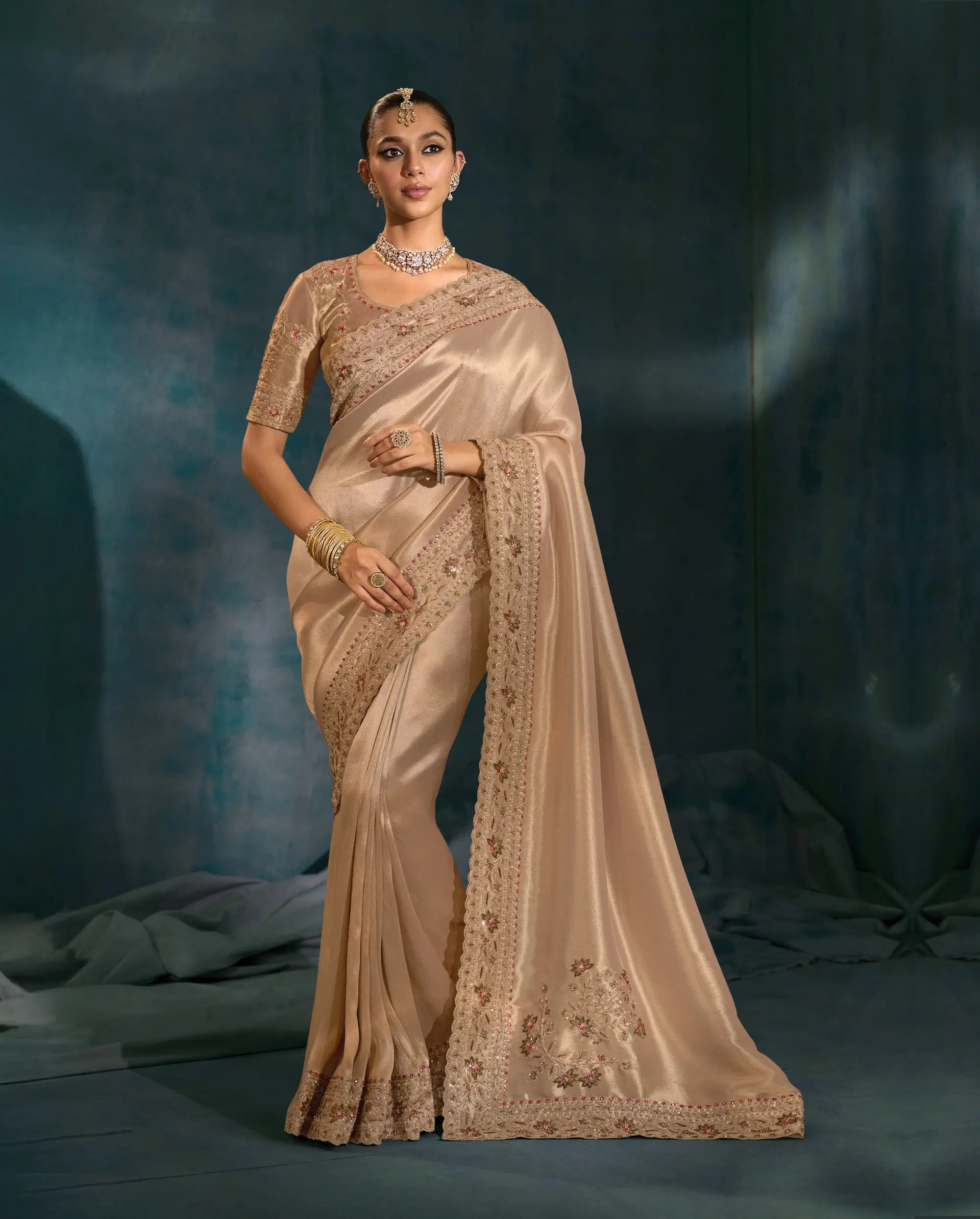 Golden Heavy Embroidery & Hand Work Silk Saree - qivii