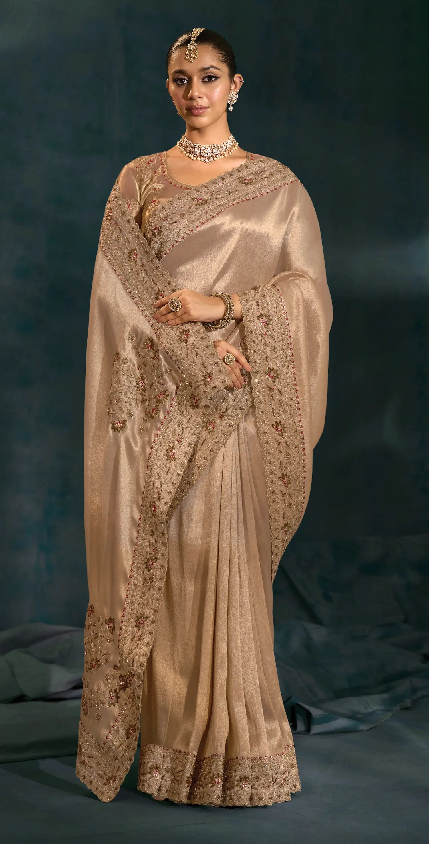 Golden Heavy Embroidery & Hand Work Silk Saree - qivii