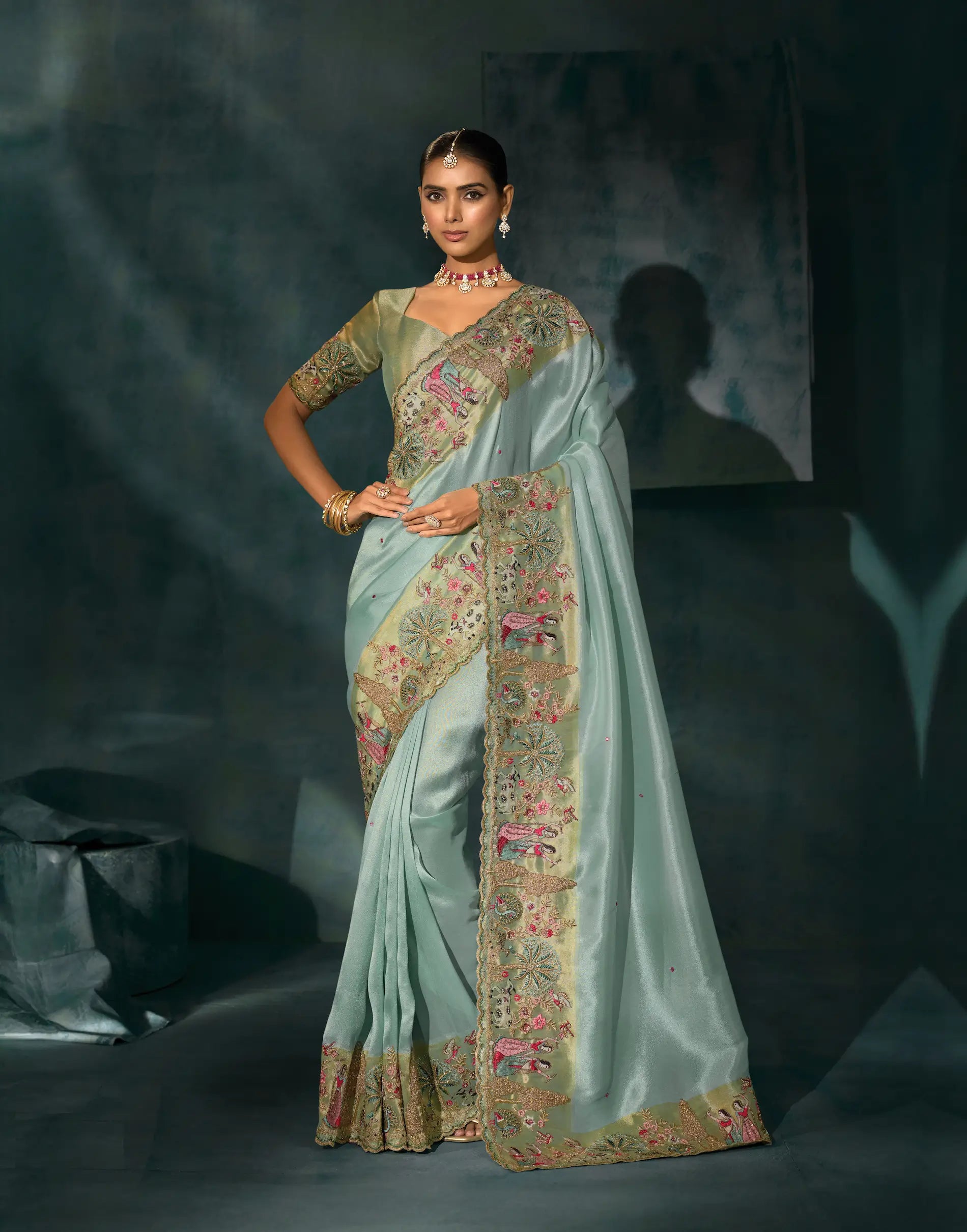 Sea Blue Heavy Embroidery & Hand Work Silk Saree - qivii