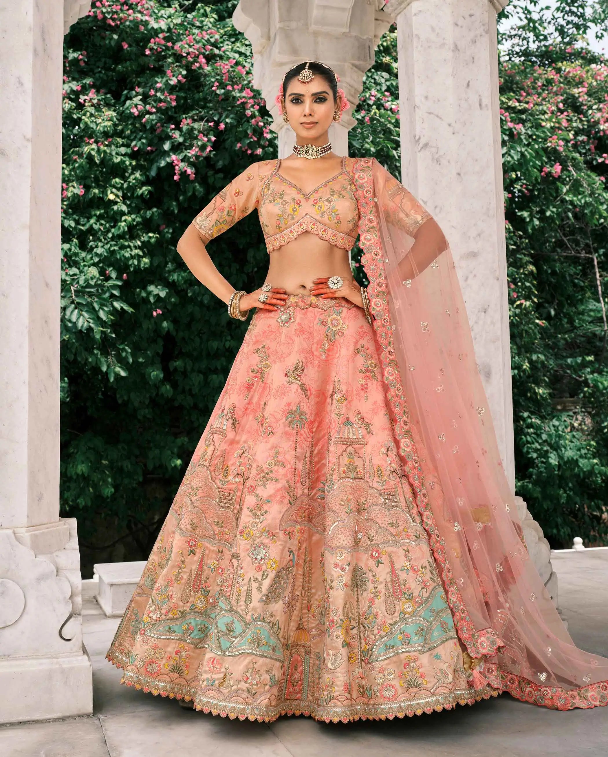 Peach Bridal Lehenga With Stunning Designer Embroidery - qivii