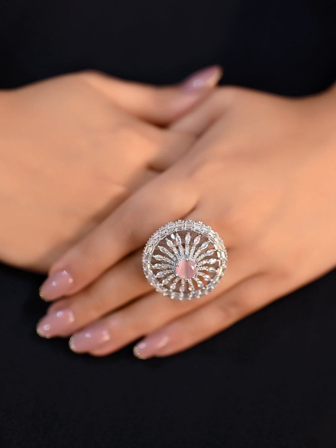 Beautiful Nilambari round baby pink silver ring with intricate detailing