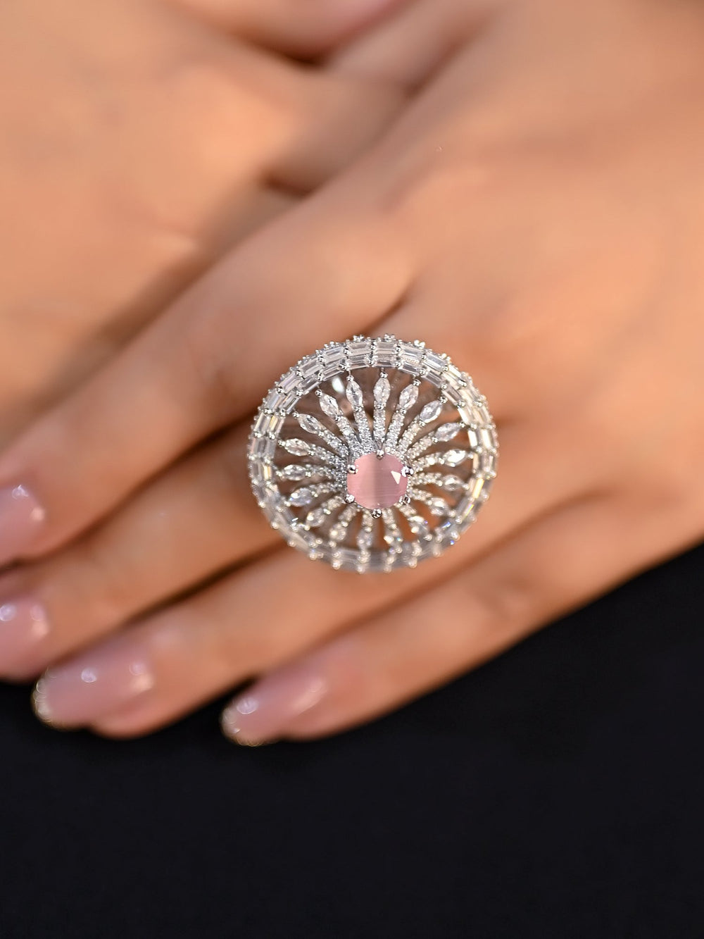 Handcrafted Nilambari Round Baby Pink Silver Ring with intricate detailing