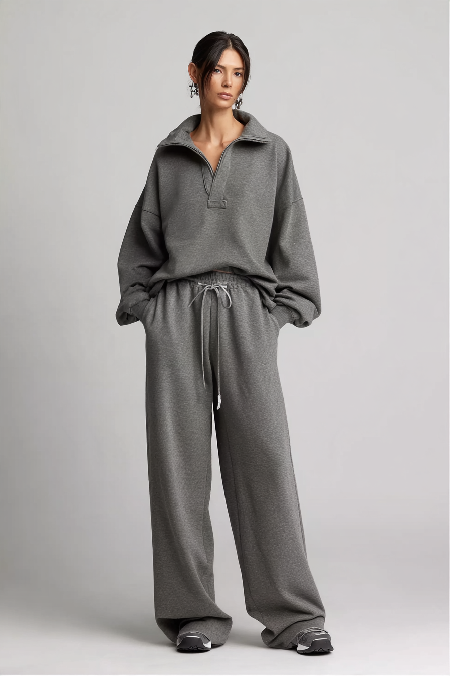 Women's Half‑Zip Collar Oversized Sweatshirt & Wide‑Leg Sweatpants Set MDZ0743I9R