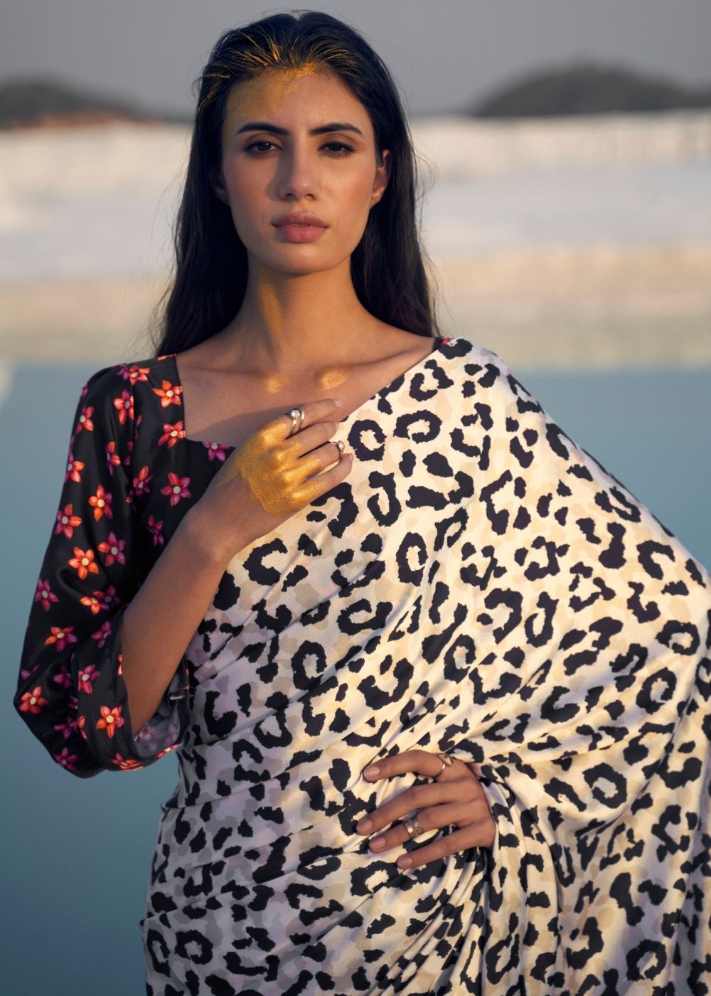 Stunning black and white leopard print crepe silk saree with intricate detailing