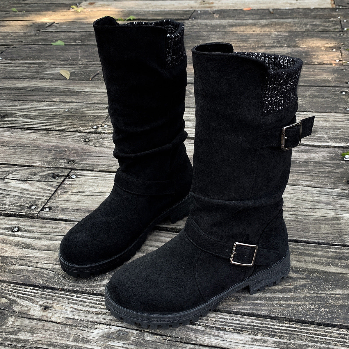 Women’s RanchWrap Buckle Mid-Calf Suede Boots – Knit Cuff Western-Style Slouchy Shoes (US 5–10.5)
