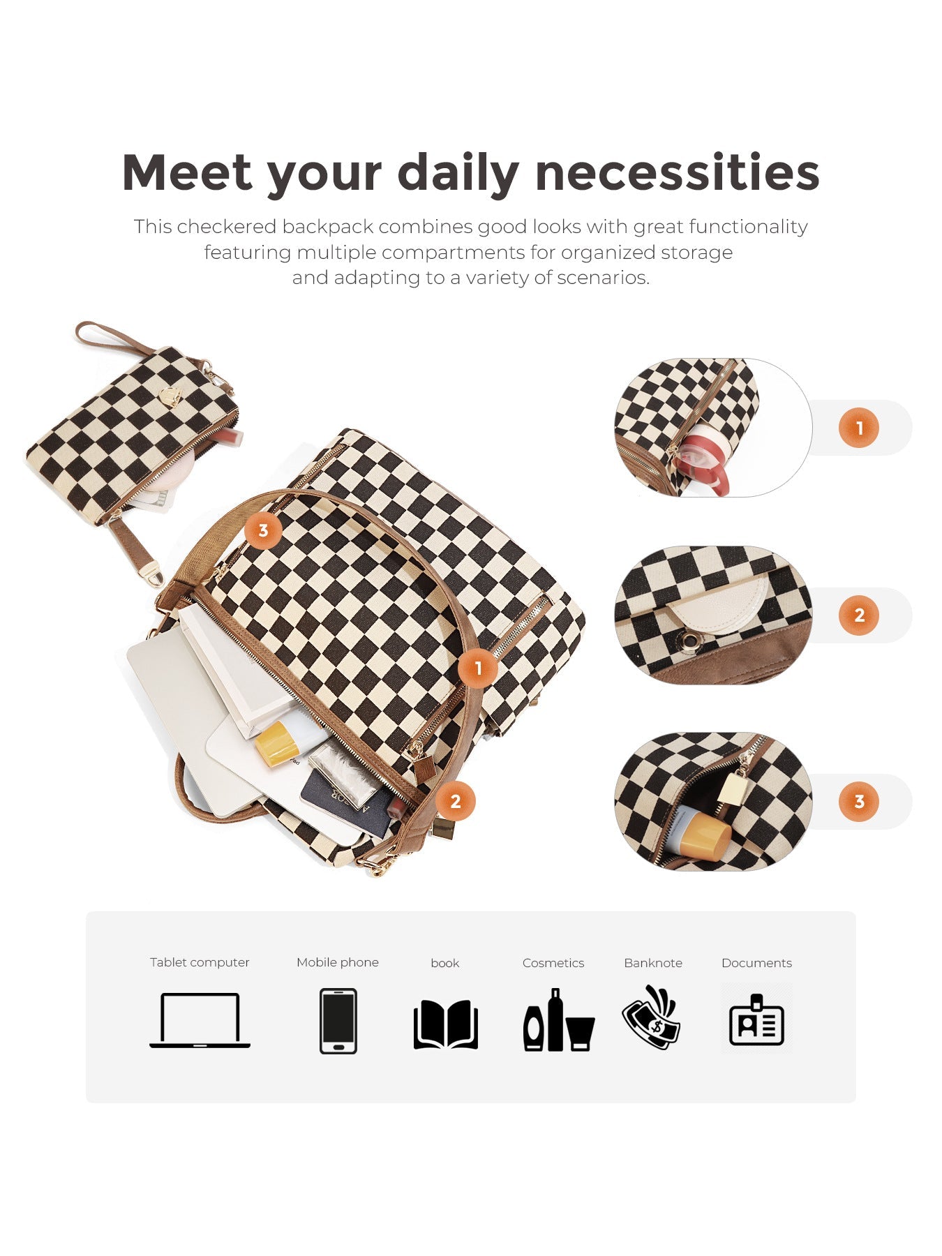 Ounamei Checkered Canvas Backpack Purse for Women with Matching Pouch | Large Capacity Travel & Daily Bag