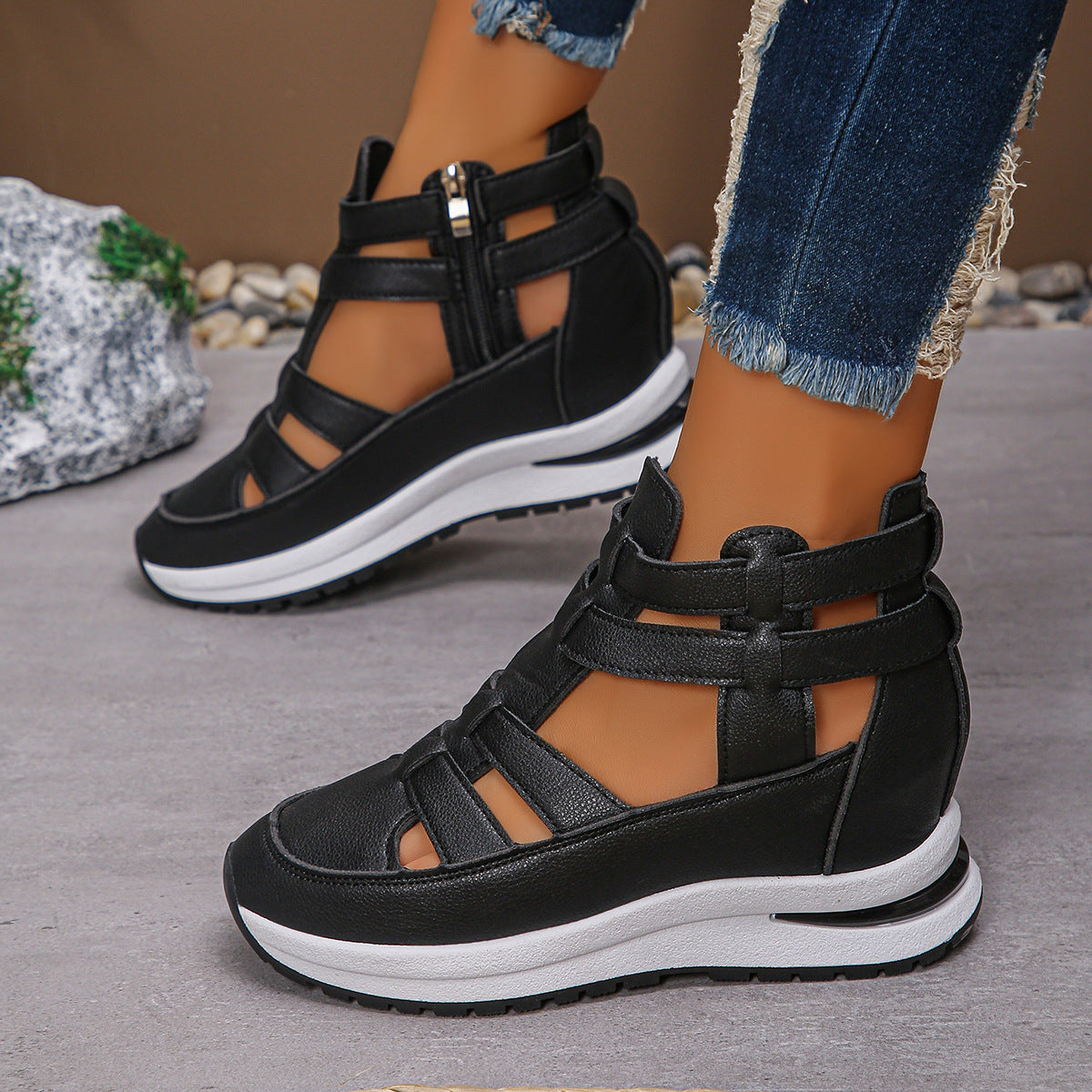Women’s Plus Size Sporty Platform Sandals - Side Zipper Closed-Toe Sneaker Sandals with 7cm Height Boost