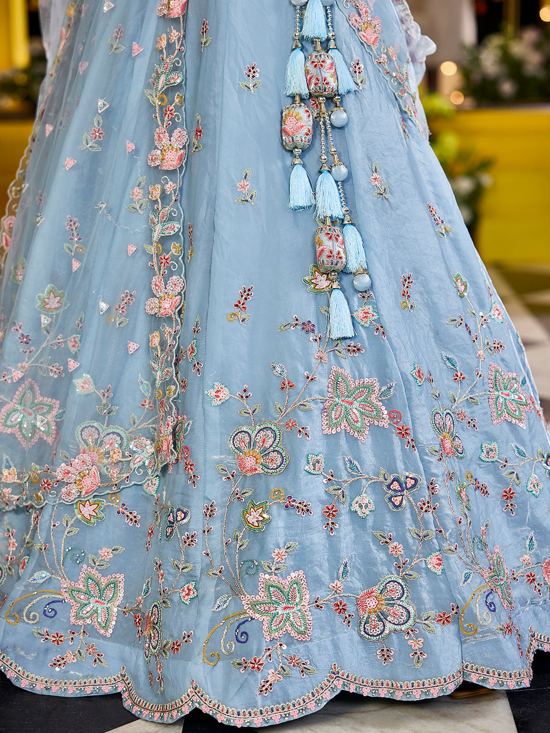 Sky Blue - Satin Silk Fabric Sequinned Embroidered Ready to Wear Lehenga Choli & Dupatta