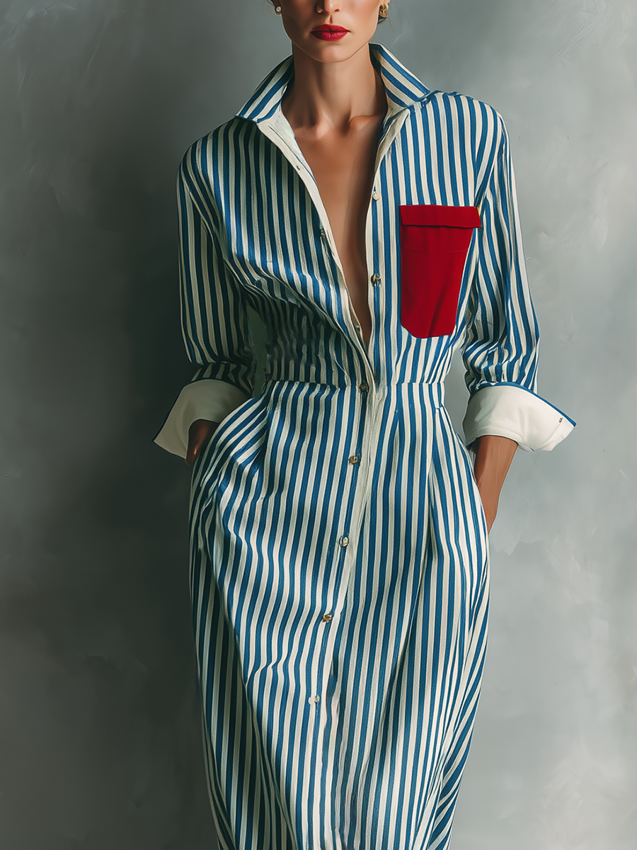 Women's Blue And White Cotton Striped Shirt Dress With Red Chest Pocket MDZ1286C2T