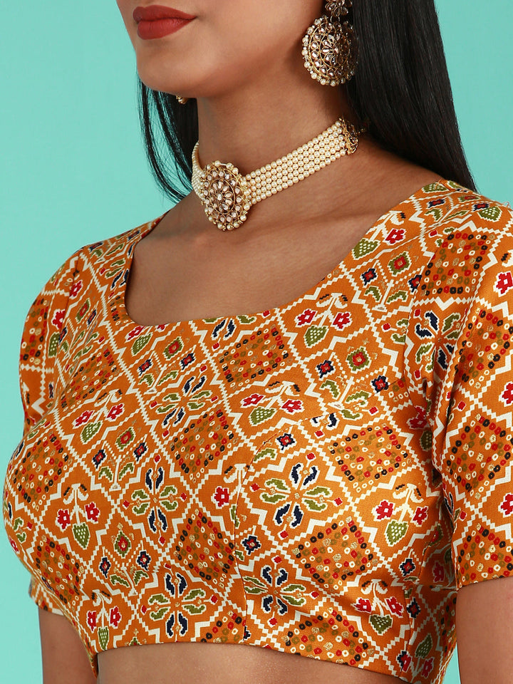 Mustard-Toned Cotton Silk Applied Foil and Patola Print readymade blouse