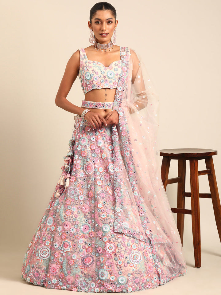 Rounded Embroiderey Multi-Sequins, Mirror and thread Embroidered Net Stitched Lehenga