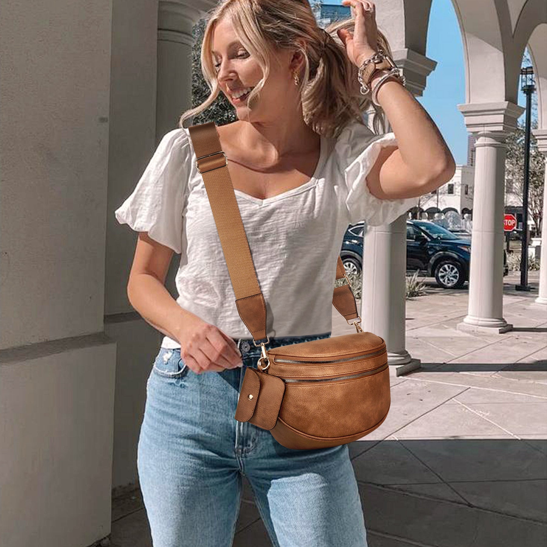 Ounamei Vegan Leather Crossbody Bum Bag for Women with Mini Pouch | Small & Large Sizes