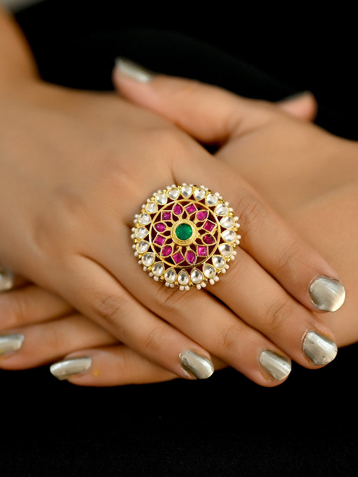 Beautiful Samidha Ruby Green Kundan Finger Ring with intricate gold design and sparkling gemstones