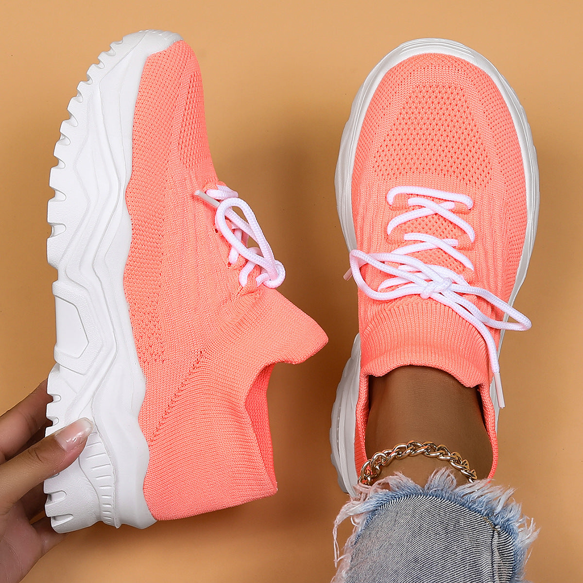 Women's Nyvelle Knit Sock Sneakers - Breathable Lace-Up Mesh Shoes with Chunky Ridged Sole (US 4-11)