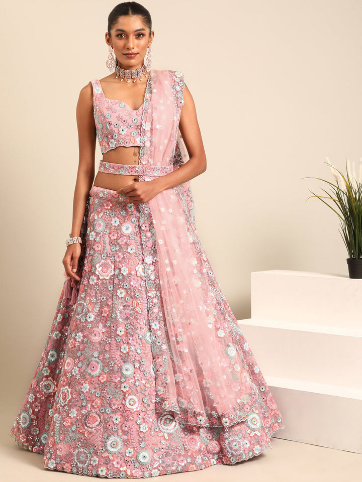 Rounded Embroiderey Multi-Sequins, Mirror and thread Embroidered Net Stitched Lehenga