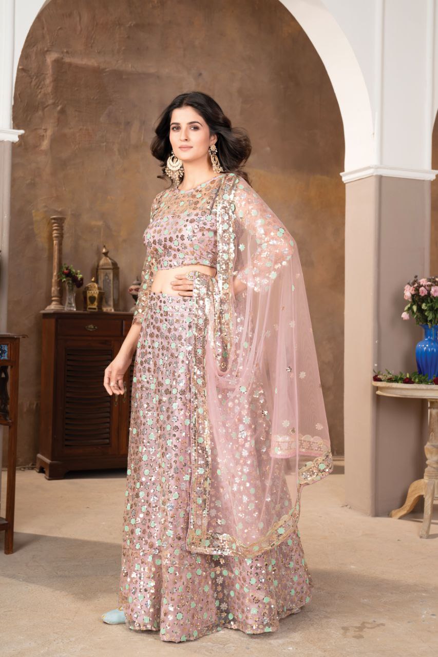 Premium Net Embellished With Beautiful  Heavy Four Sequins Work With Heavy Cancan Lehenga - INSPIRED | Ready To Wear - qivii