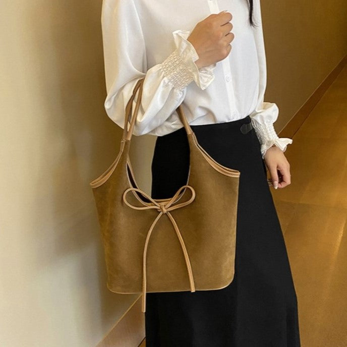 Women's Vintage Matte Tote Bag – Oversized Bow-Accent Shoulder Bag with Crossbody Strap
